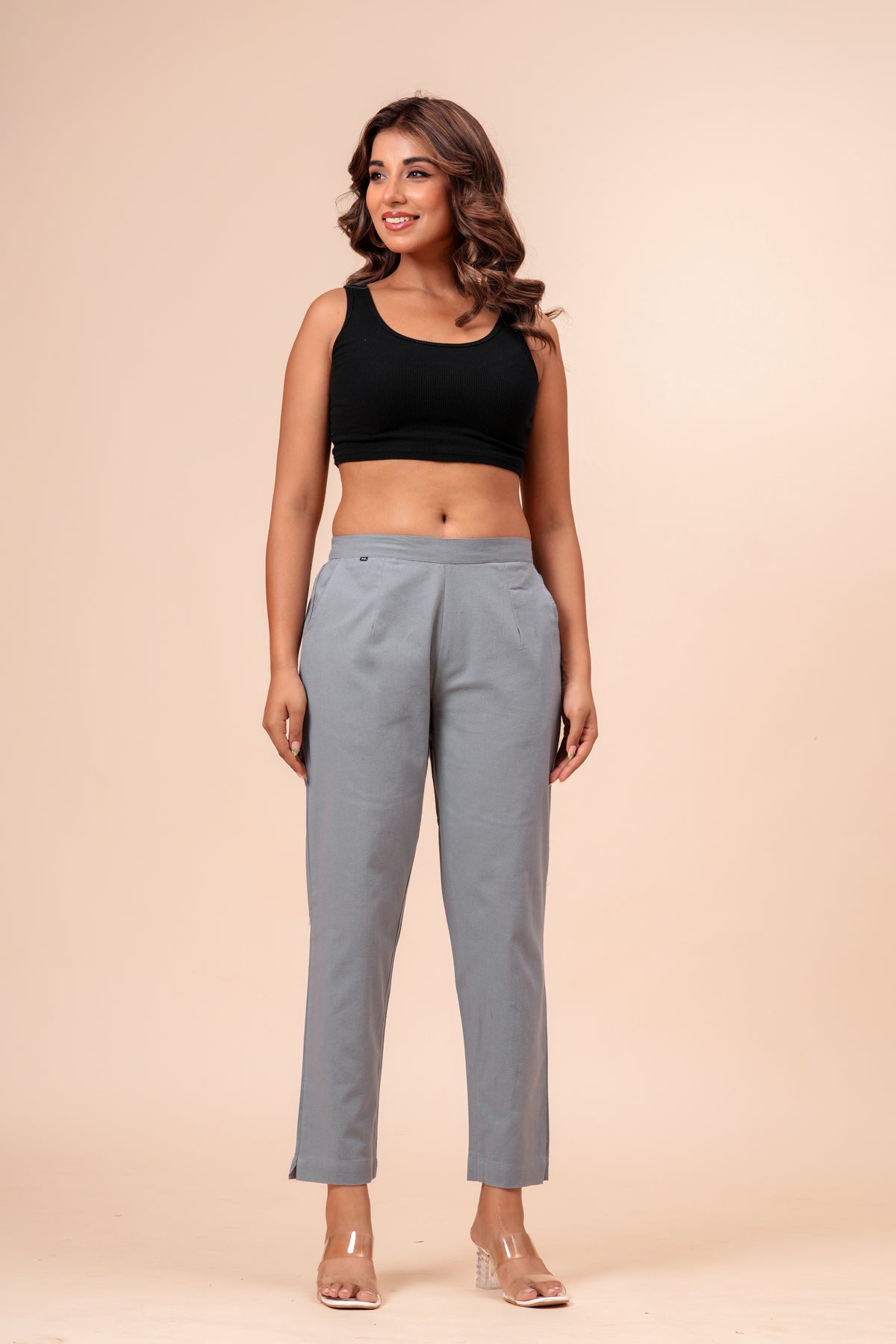 Women’s Grey Solid Cotton Trousers