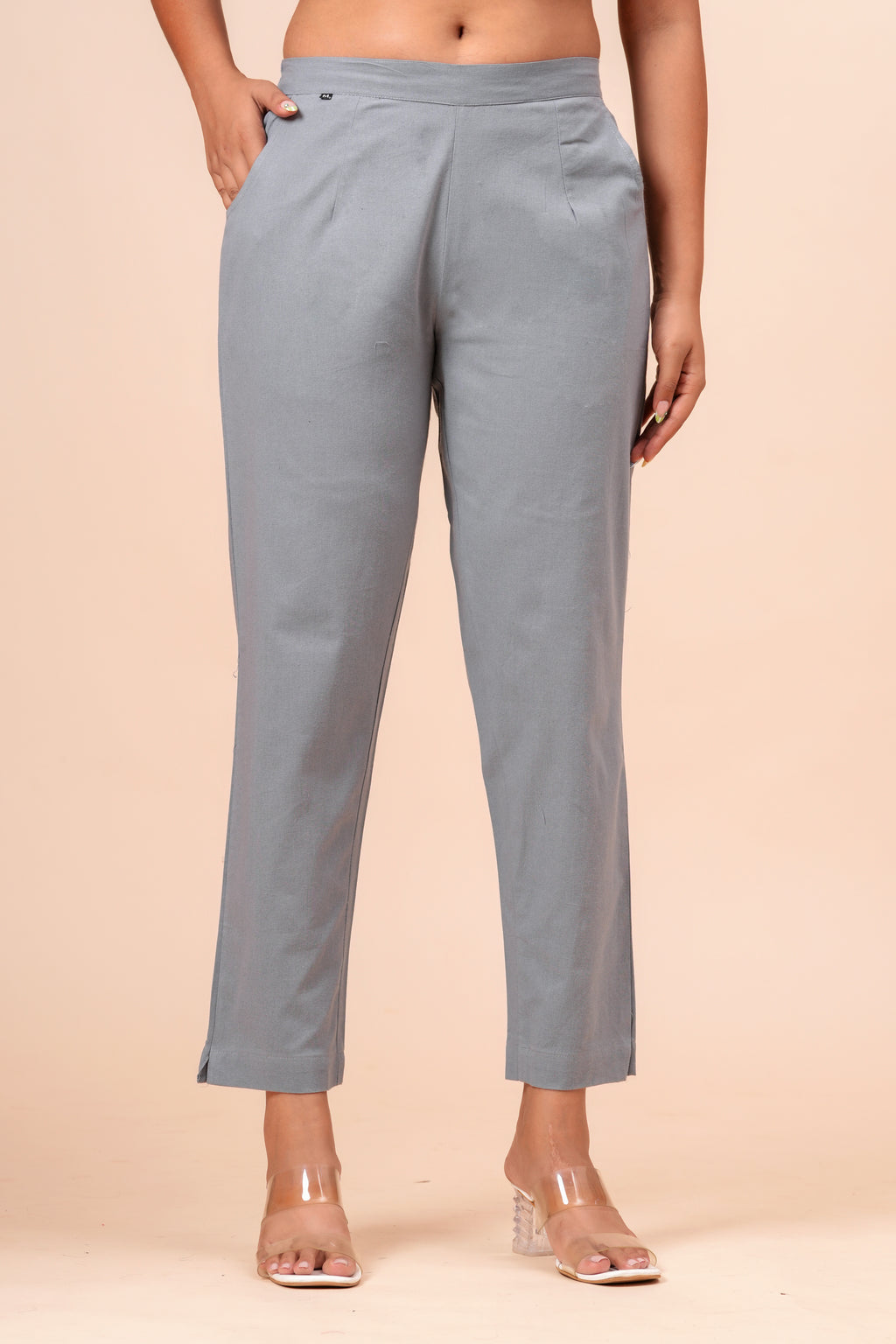 Women’s Grey Solid Cotton Trousers