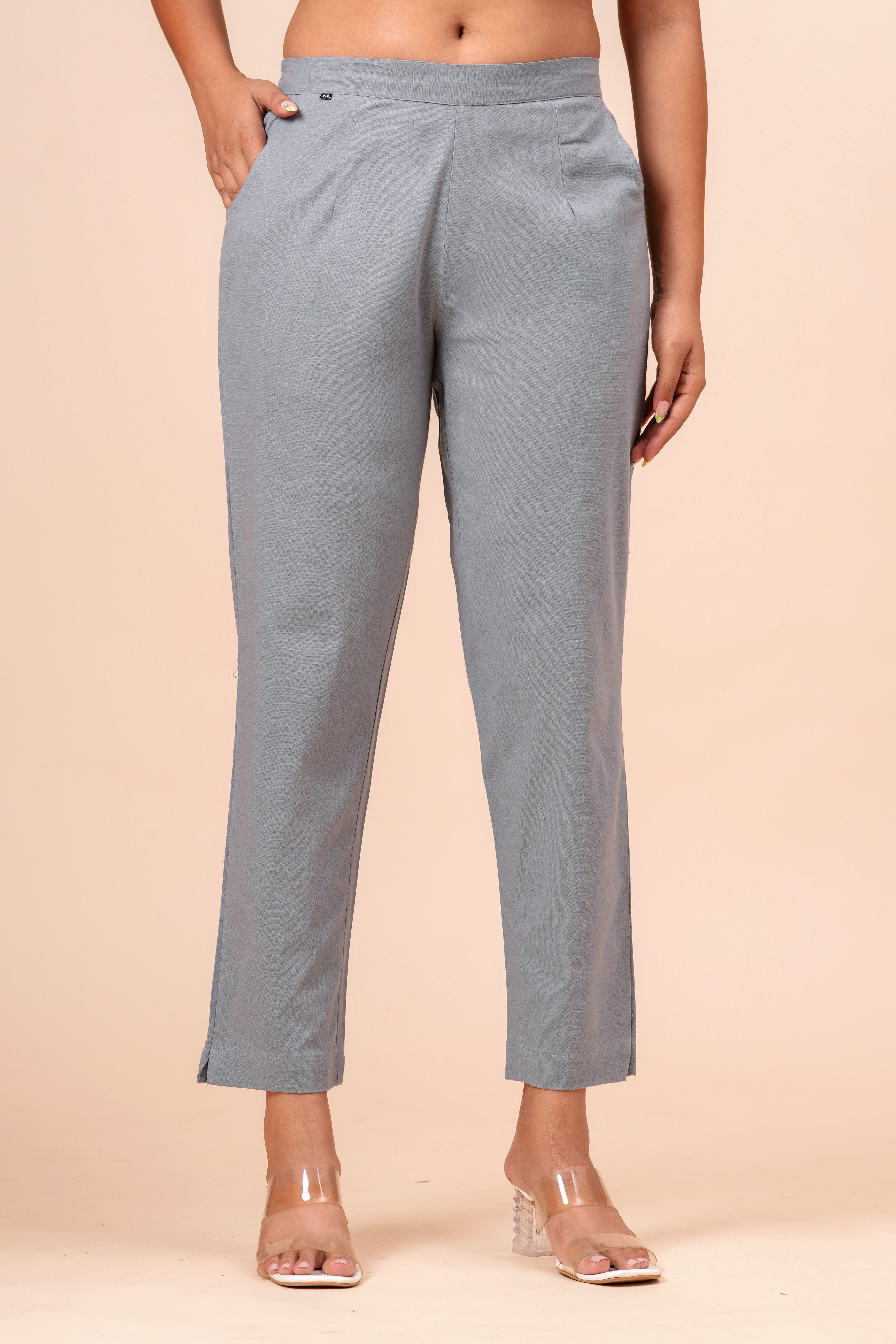 Women’s Grey Solid Cotton Trousers