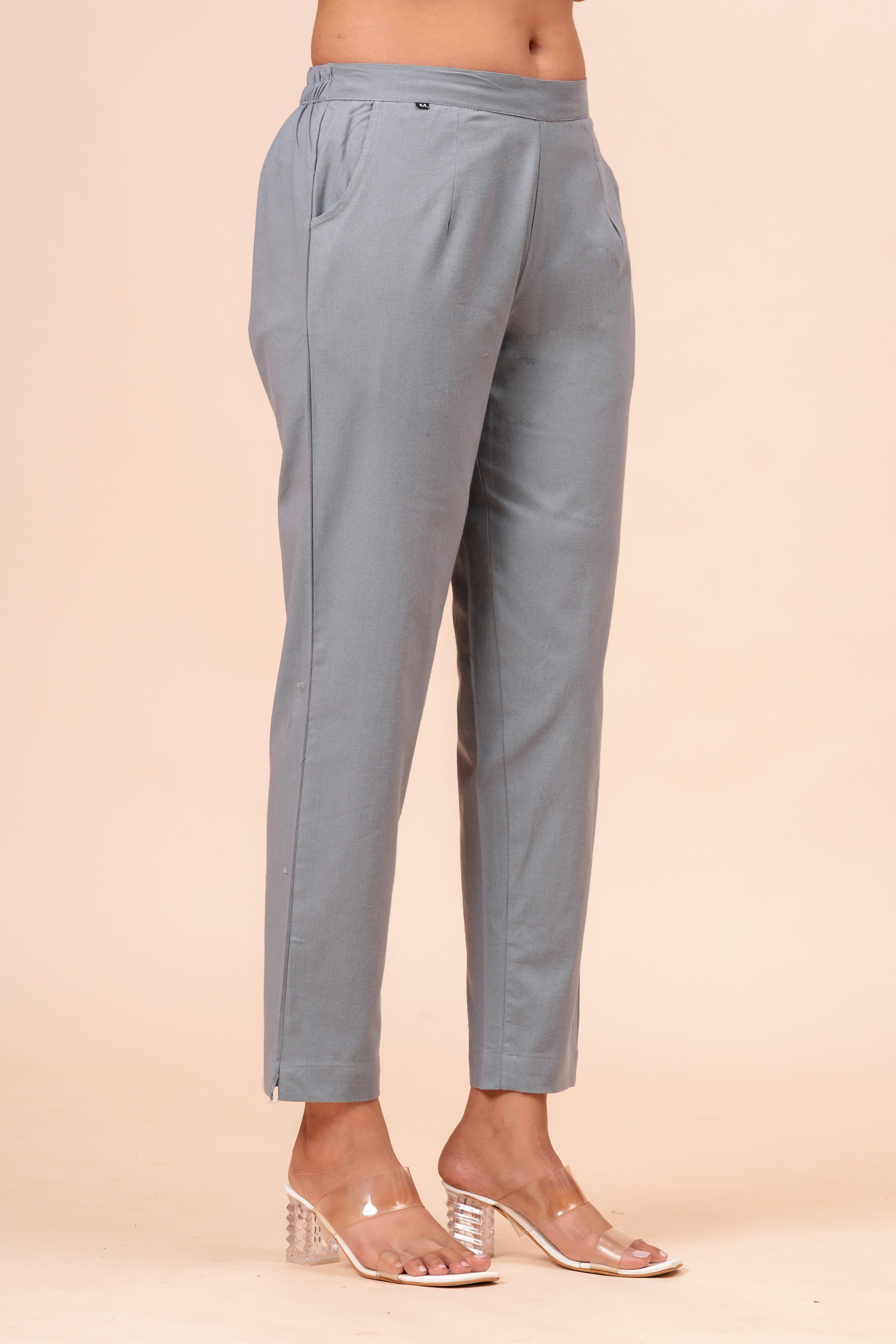 Women’s Grey Solid Cotton Trousers