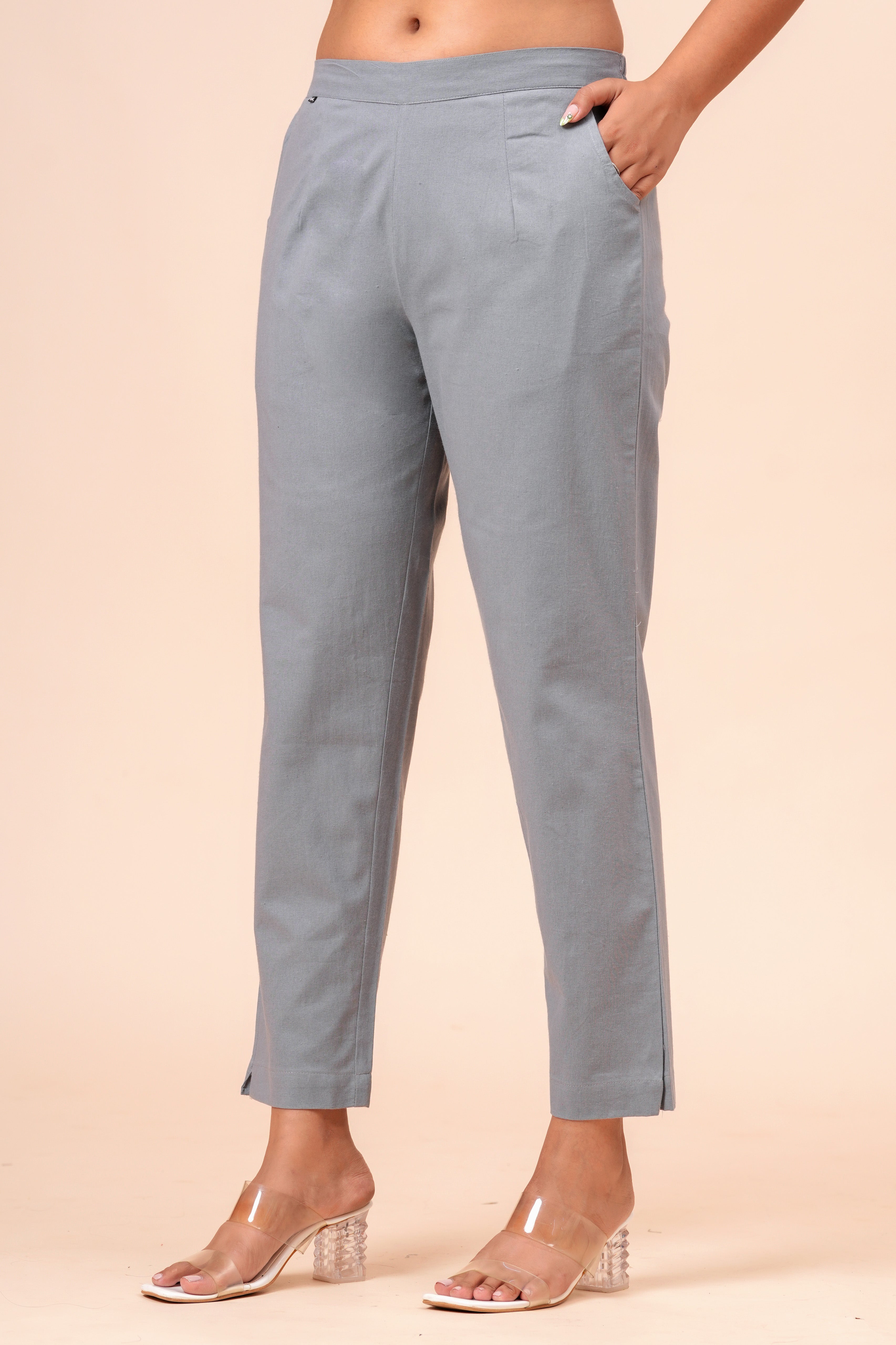 Women’s Grey Solid Cotton Trousers