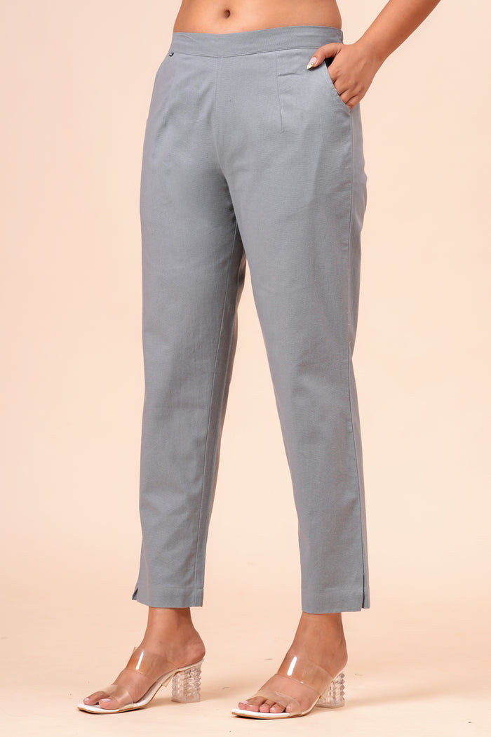 Women’s Grey Solid Cotton Trousers