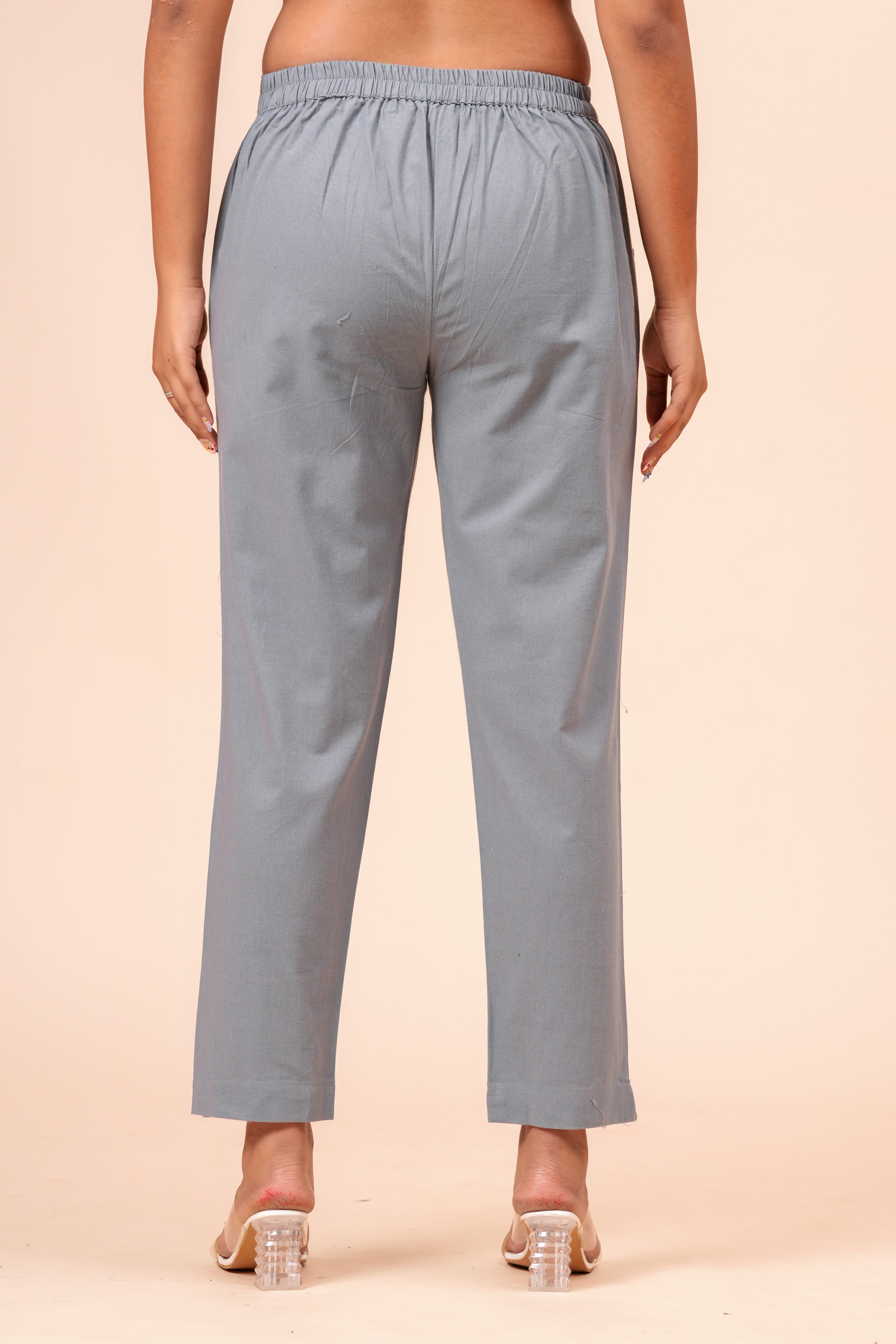 Women’s Grey Solid Cotton Trousers