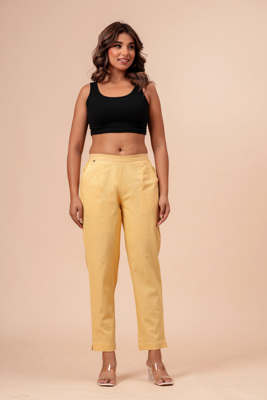 Women’s Cream Solid Cotton Trousers