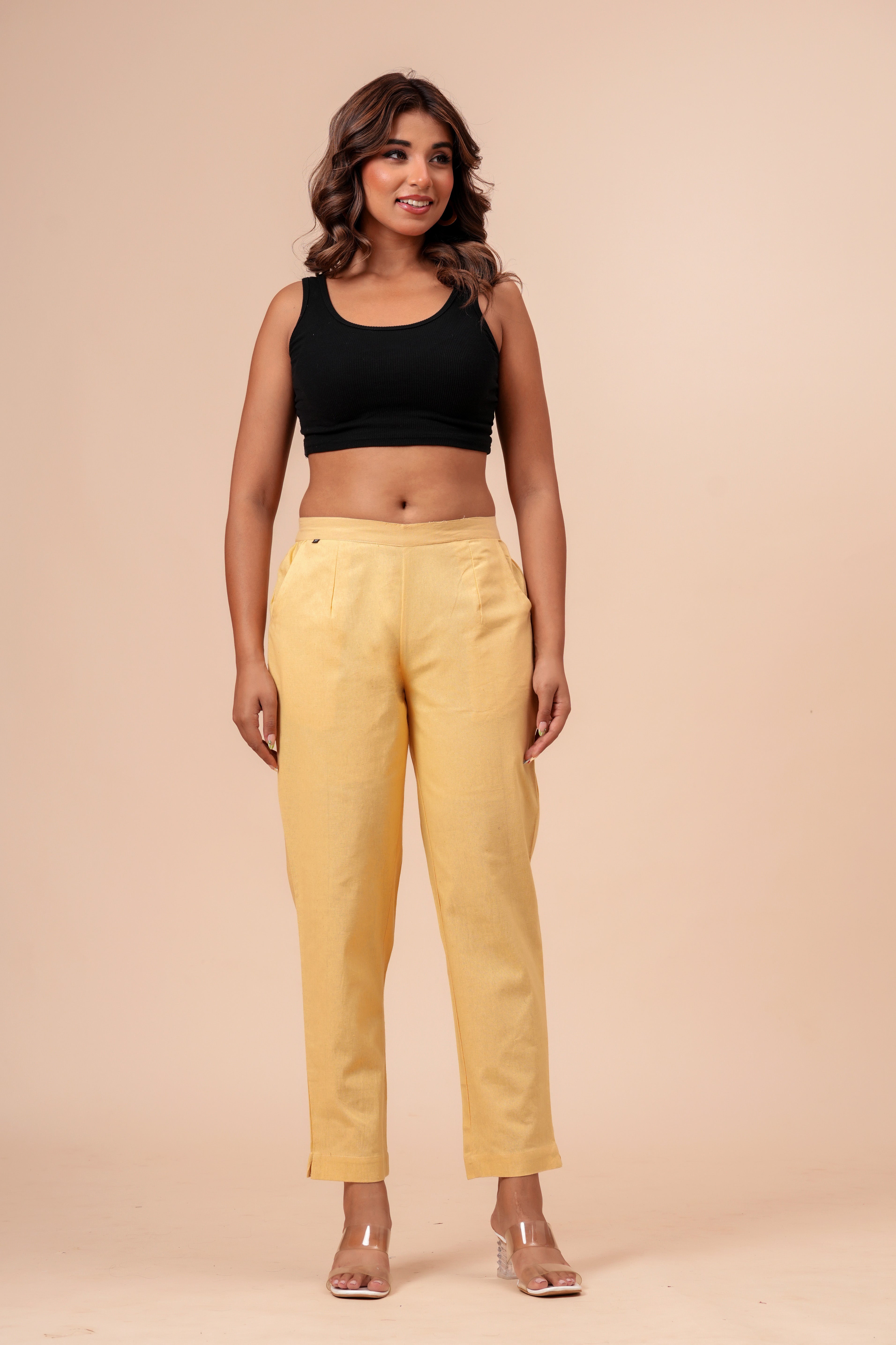 Women’s Cream Solid Cotton Trousers