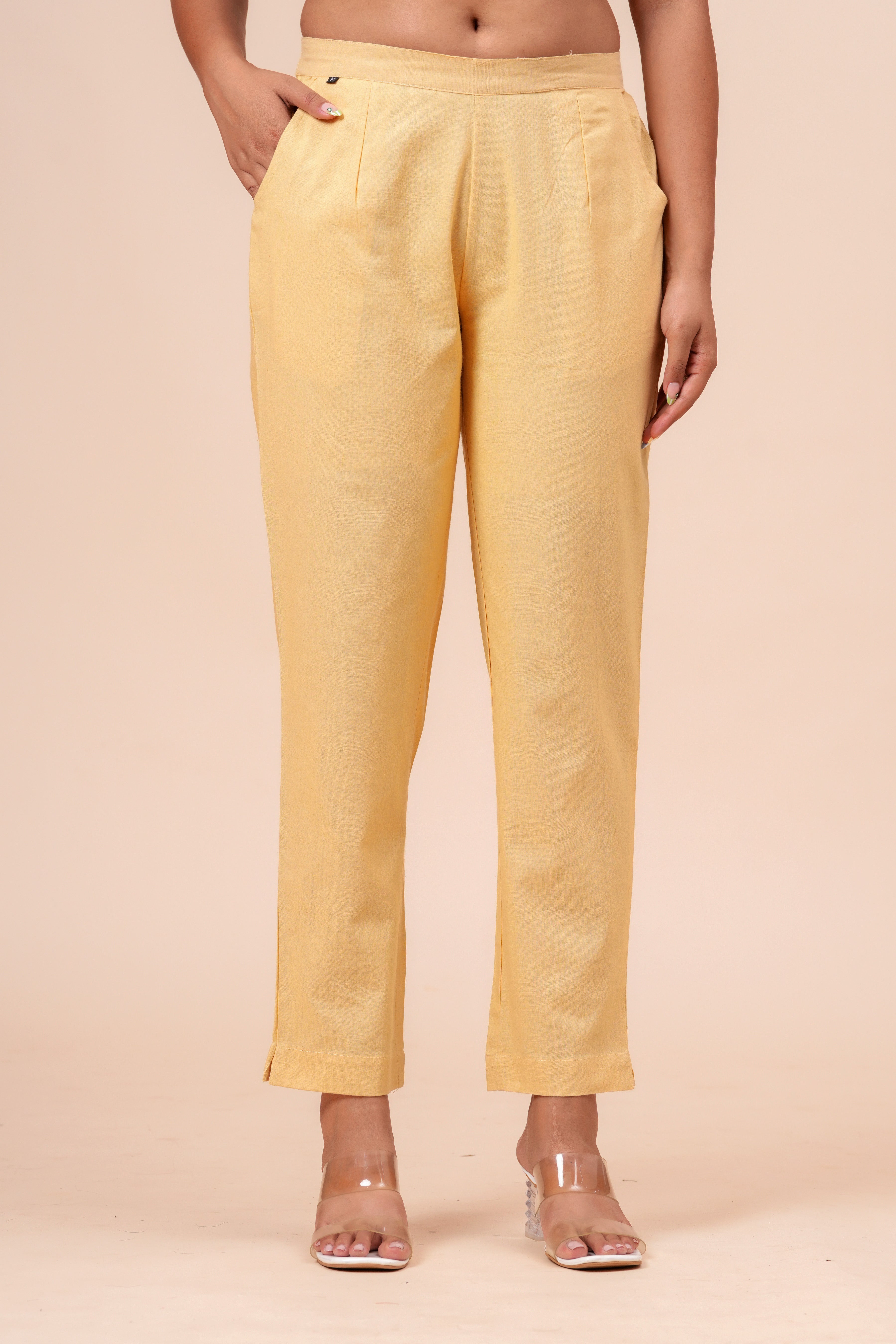 Women’s Cream Solid Cotton Trousers