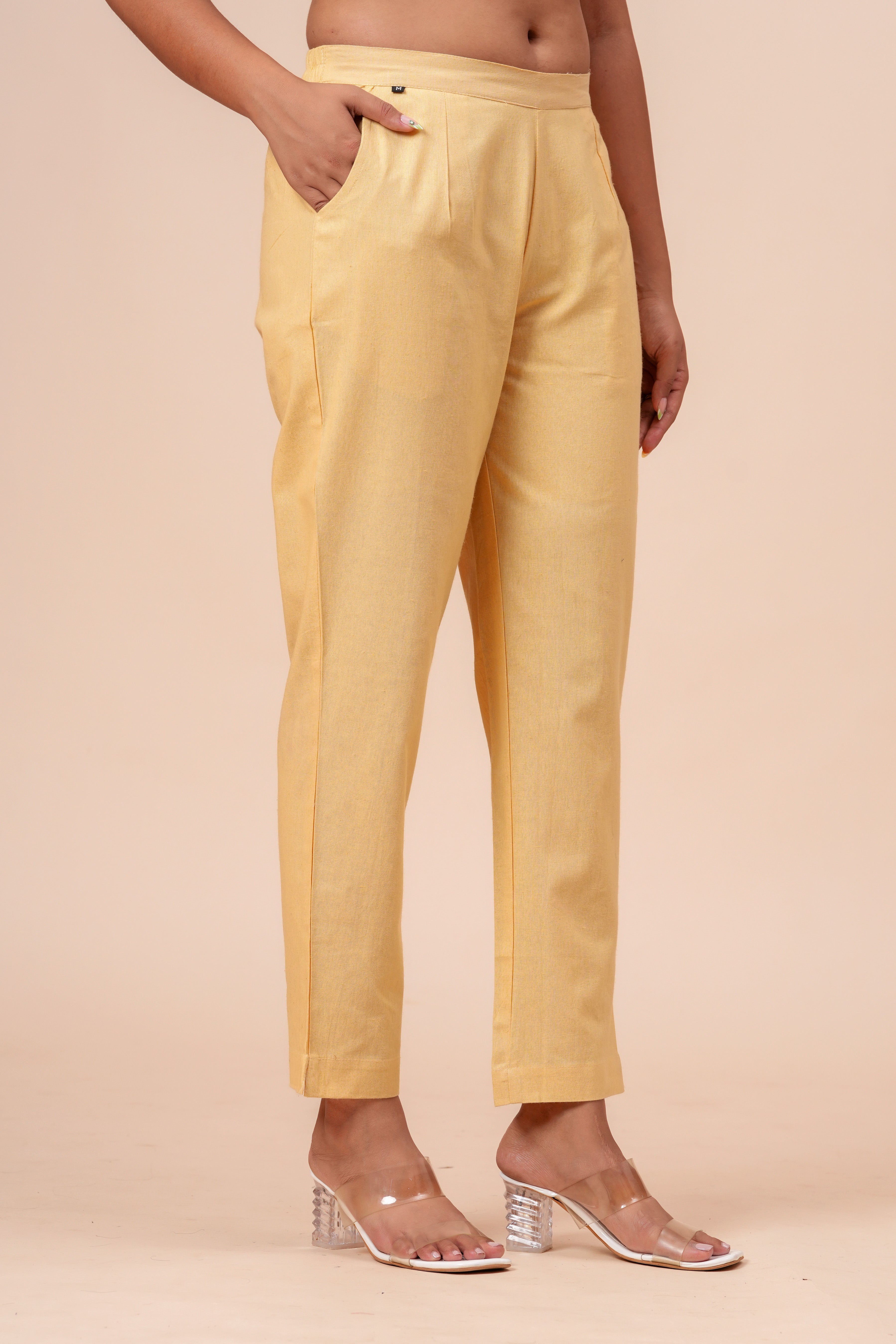 Women’s Cream Solid Cotton Trousers