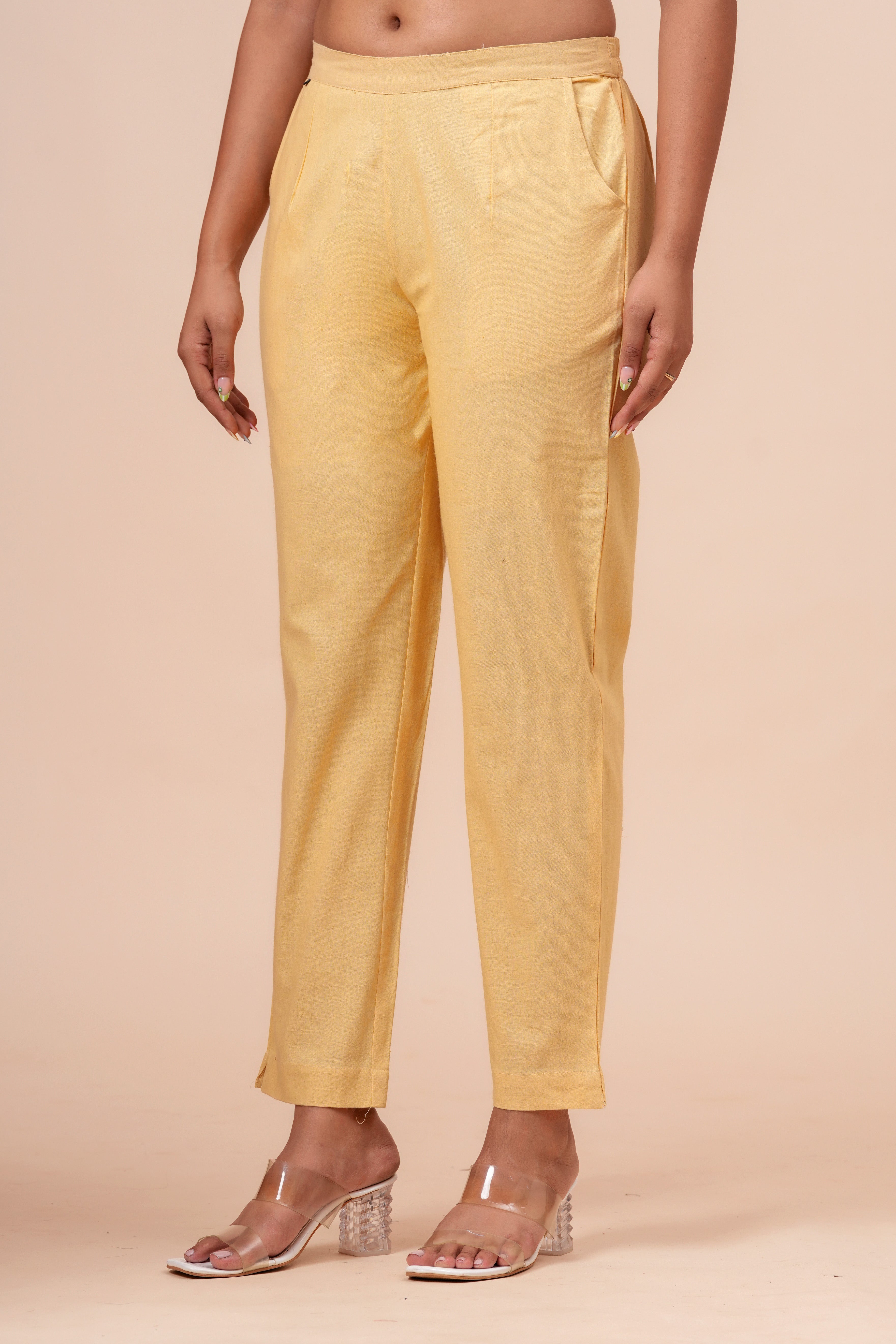 Women’s Cream Solid Cotton Trousers