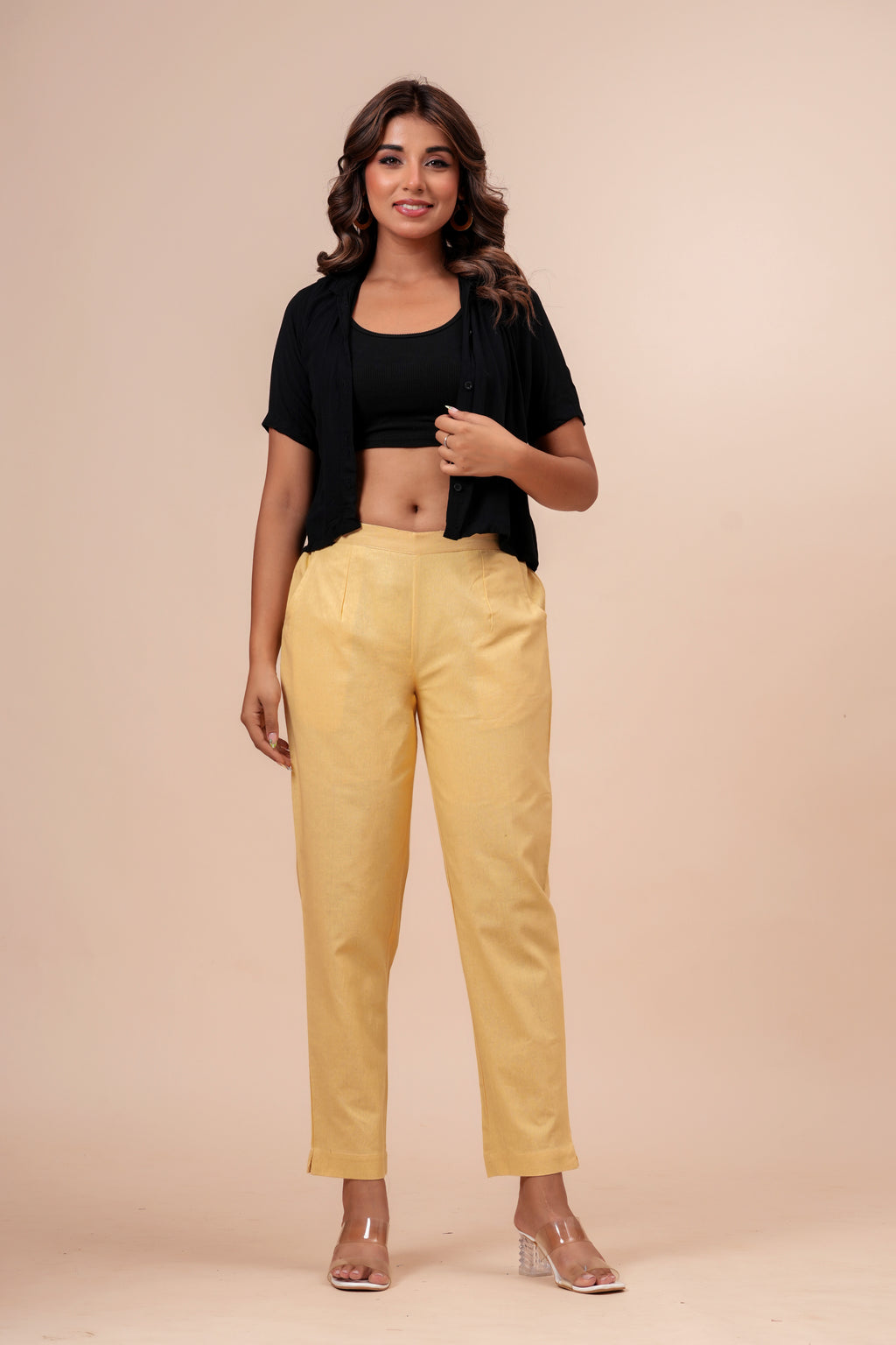 Women’s Cream Solid Cotton Trousers