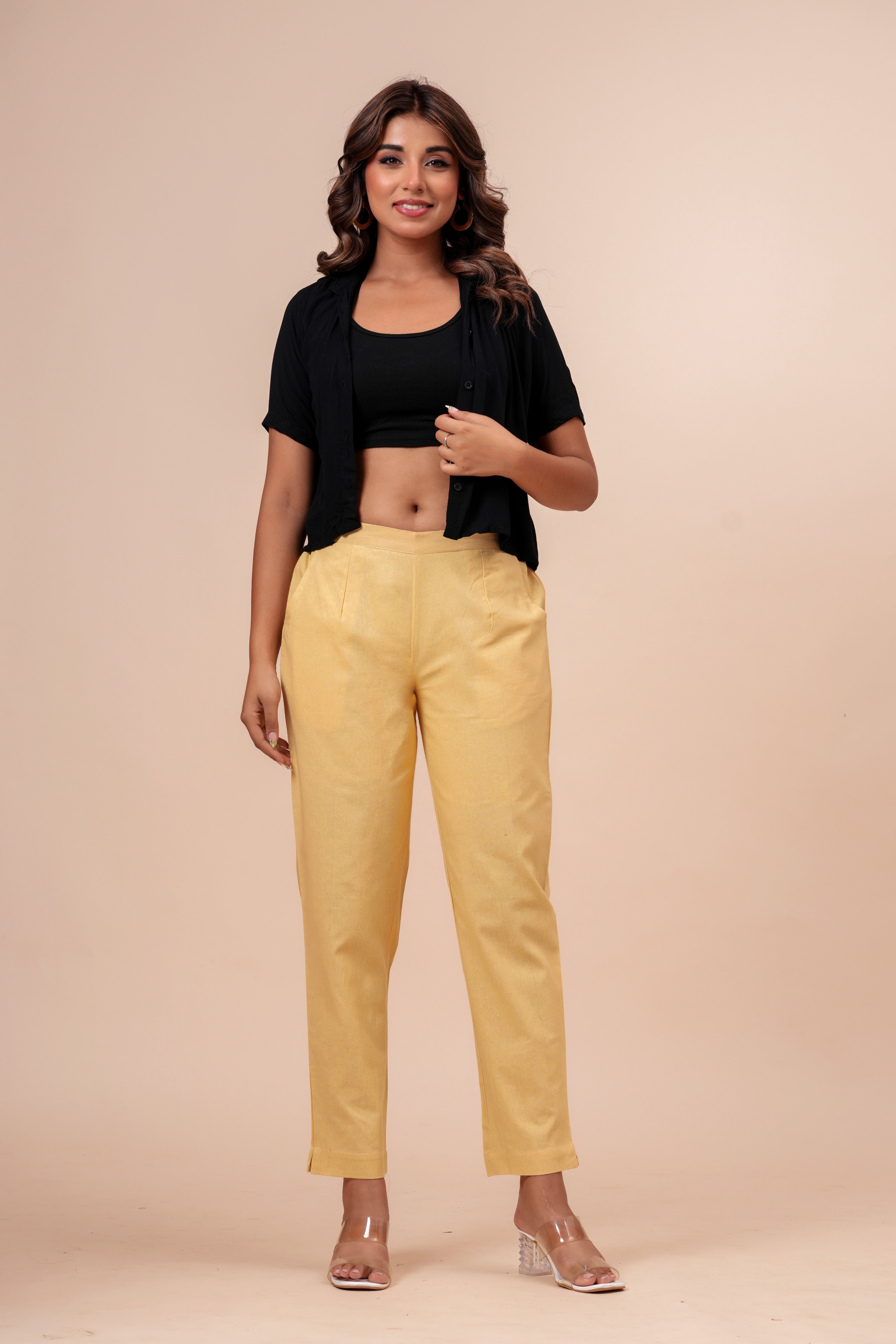 Women’s Cream Solid Cotton Trousers