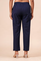 Women’s Navy Blue Solid Cotton Trousers