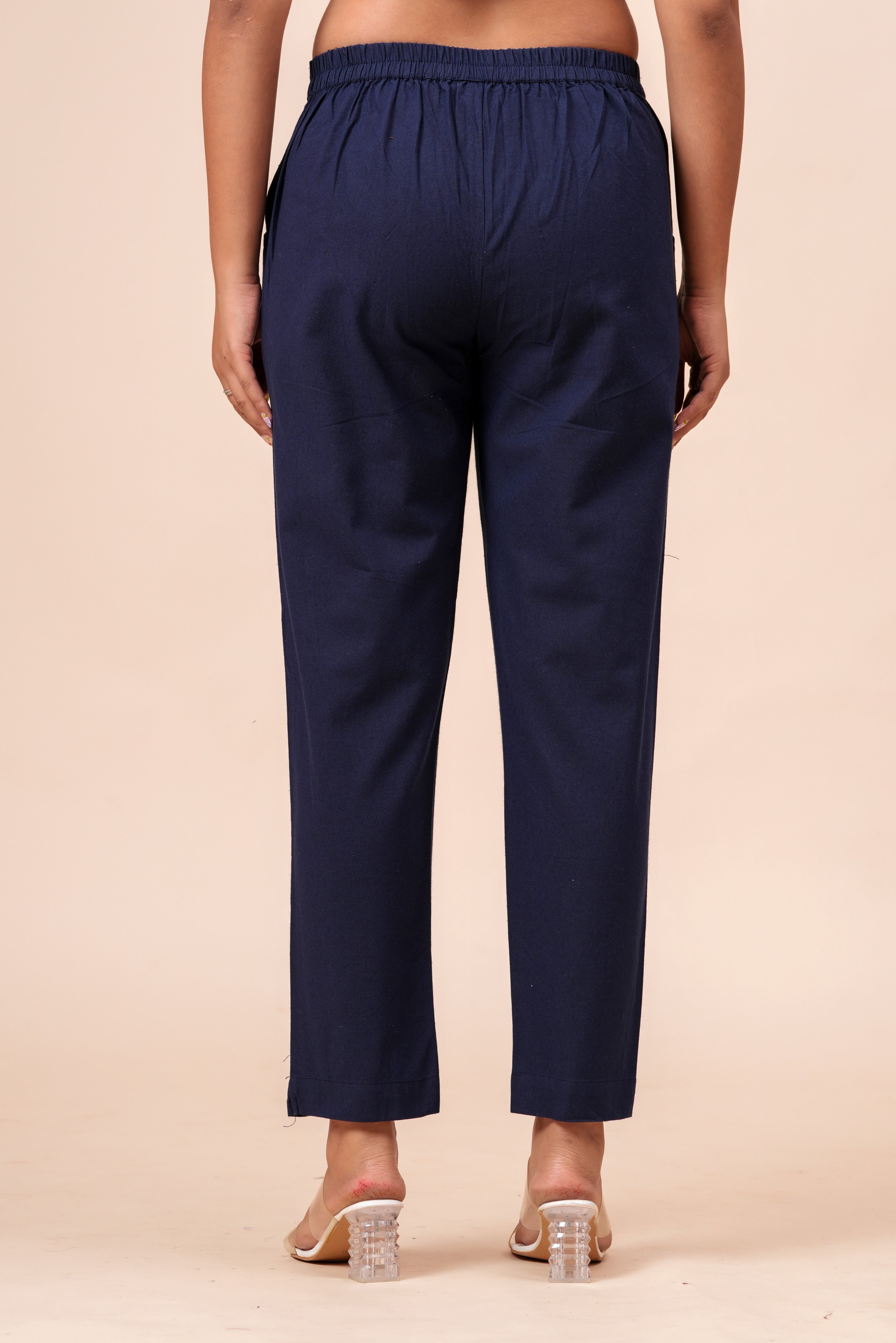 Women’s Navy Blue Solid Cotton Trousers