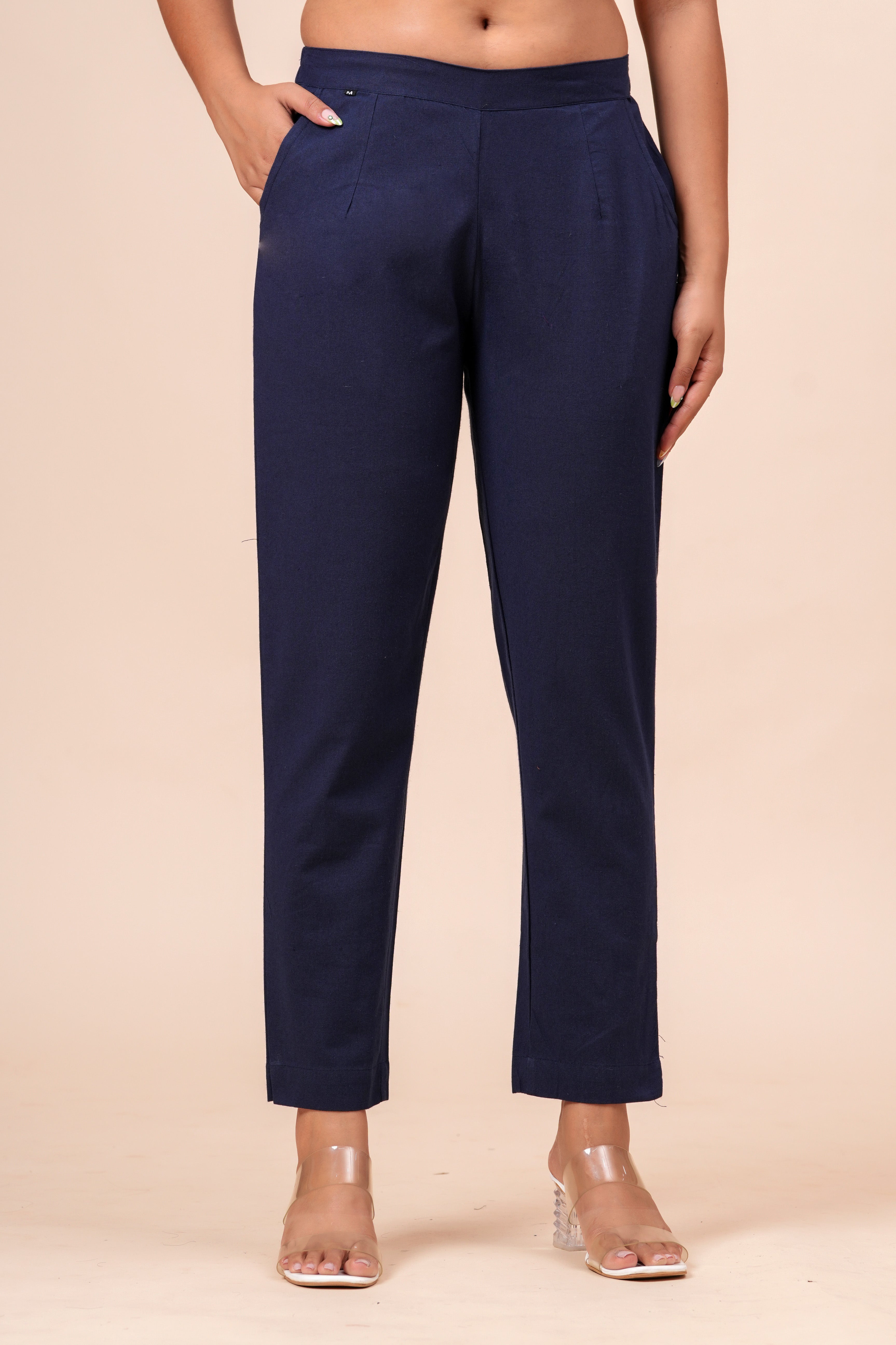 Women’s Navy Blue Solid Cotton Trousers