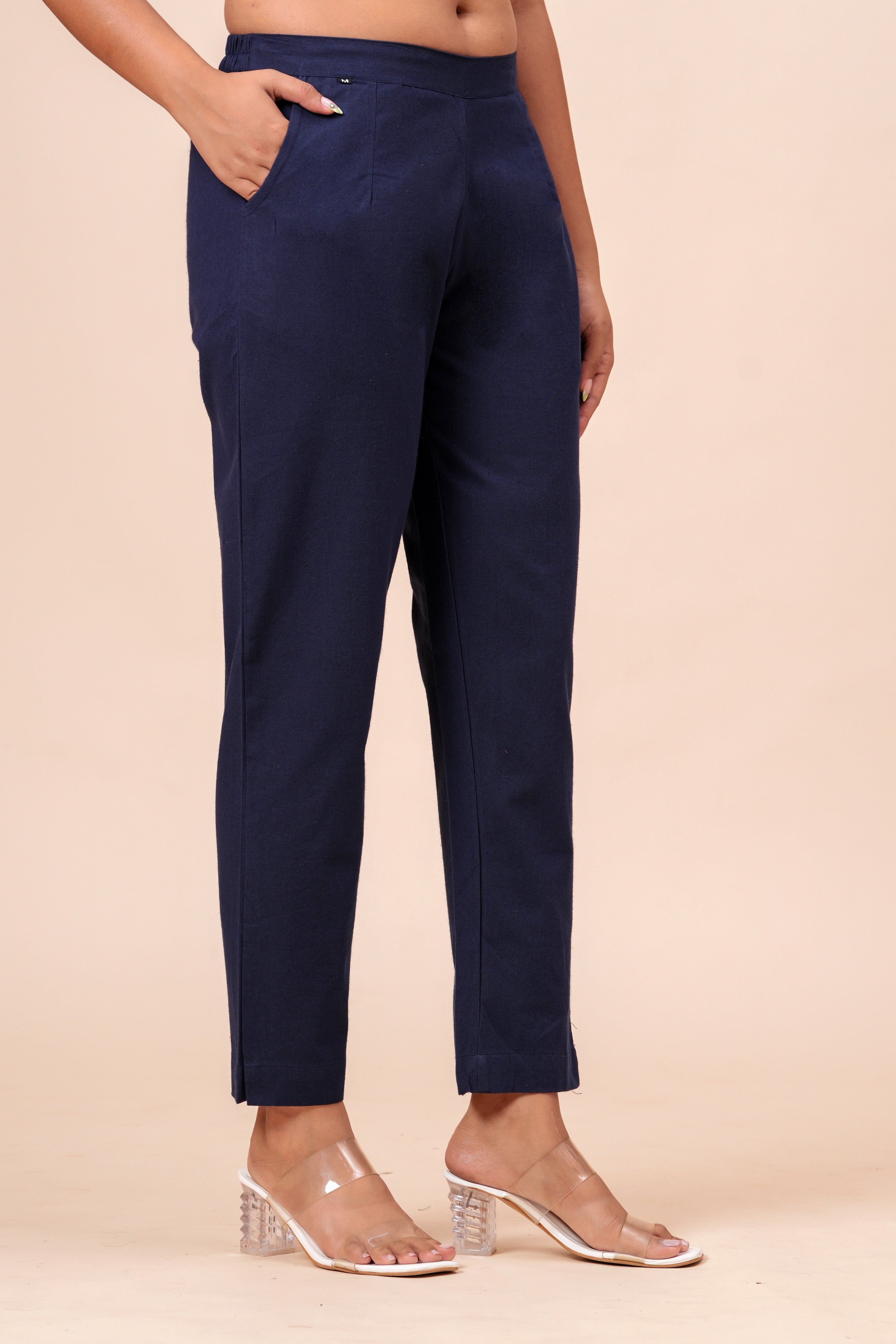 Women’s Navy Blue Solid Cotton Trousers