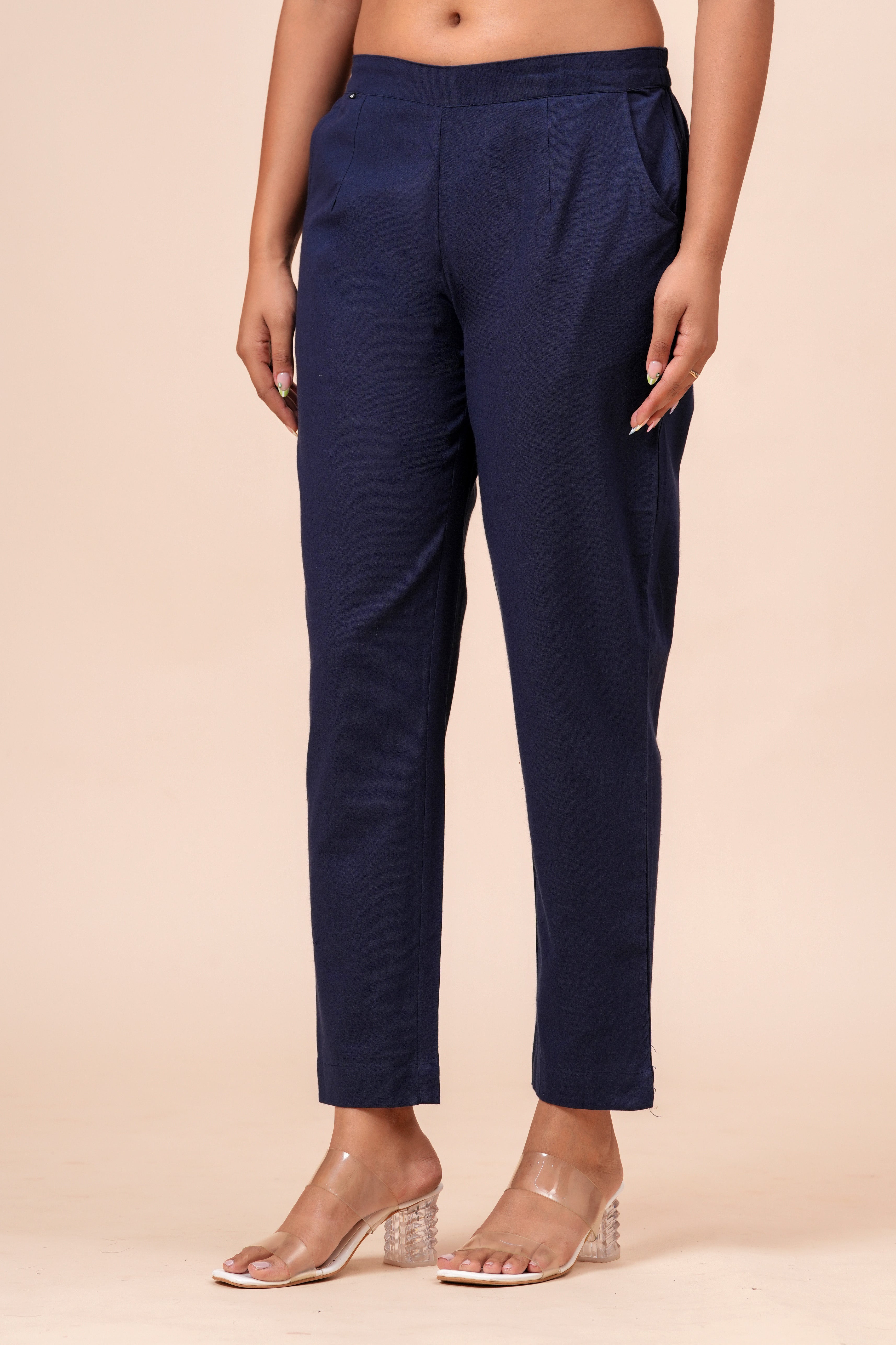 Women’s Navy Blue Solid Cotton Trousers