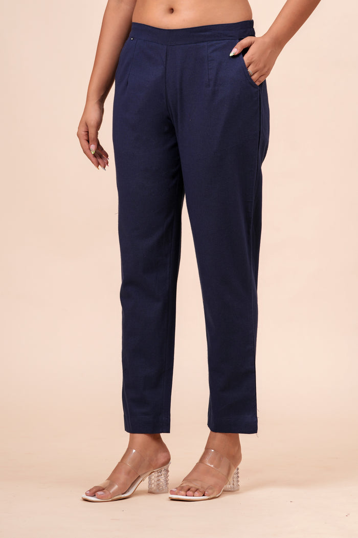 Women’s Navy Blue Solid Cotton Trousers