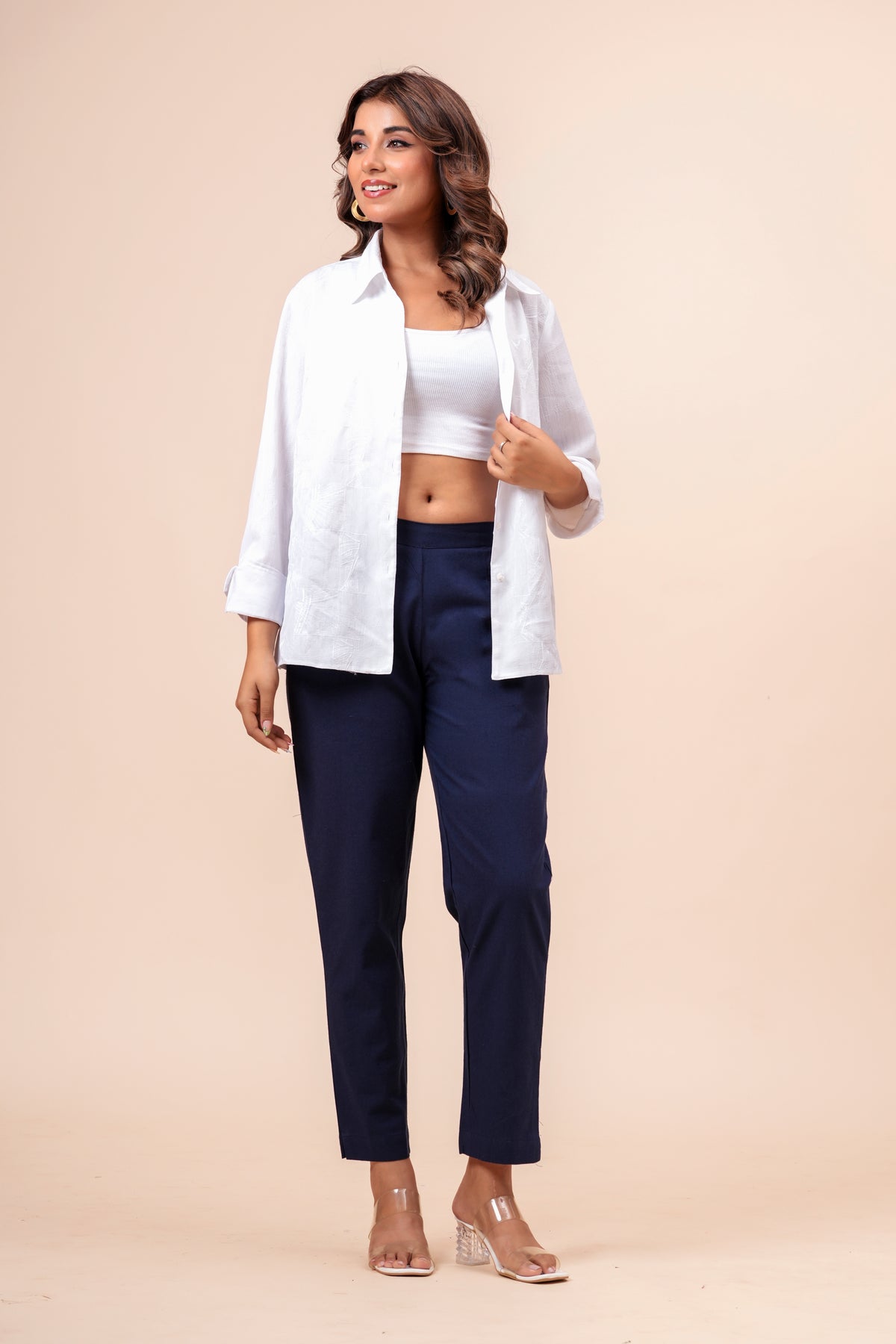 Women’s Navy Blue Solid Cotton Trousers