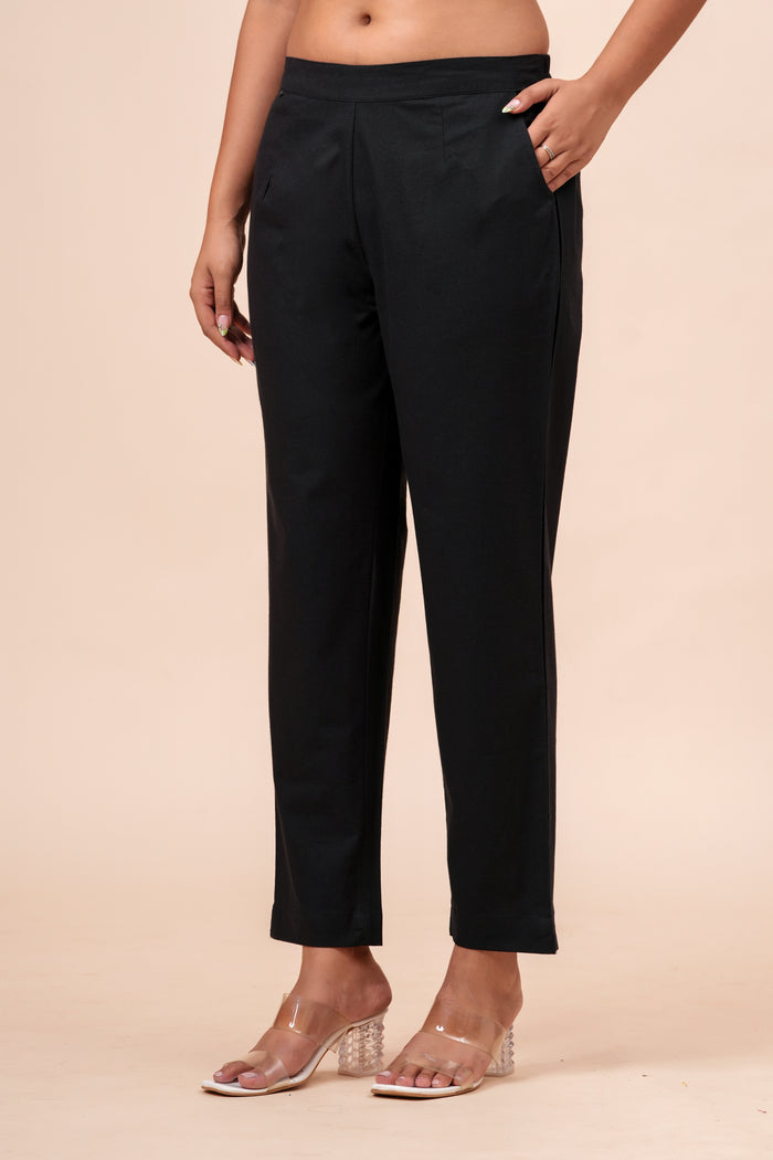 Women’s Black Solid Cotton Trousers