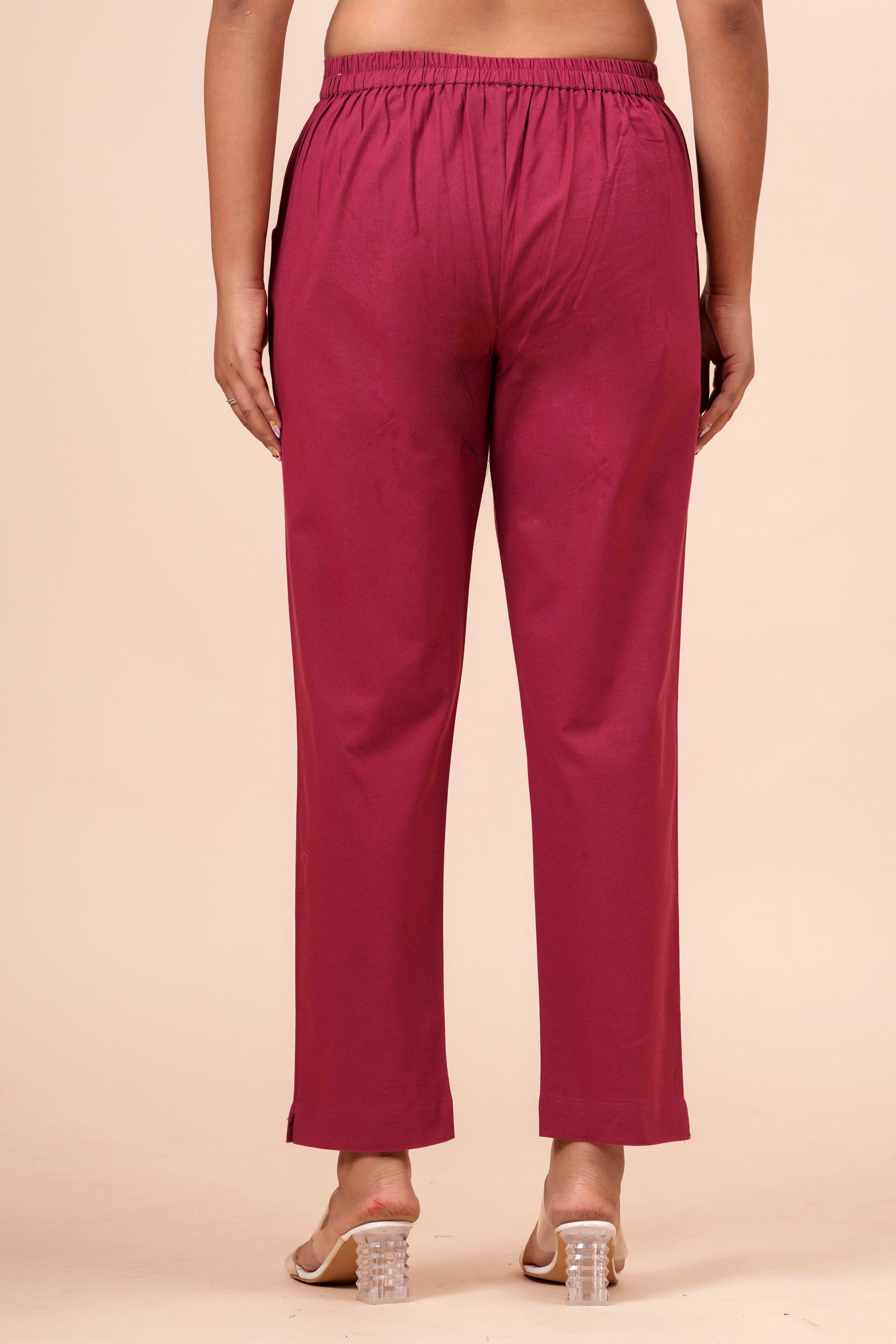 Women’s Maroon Solid Cotton Trousers