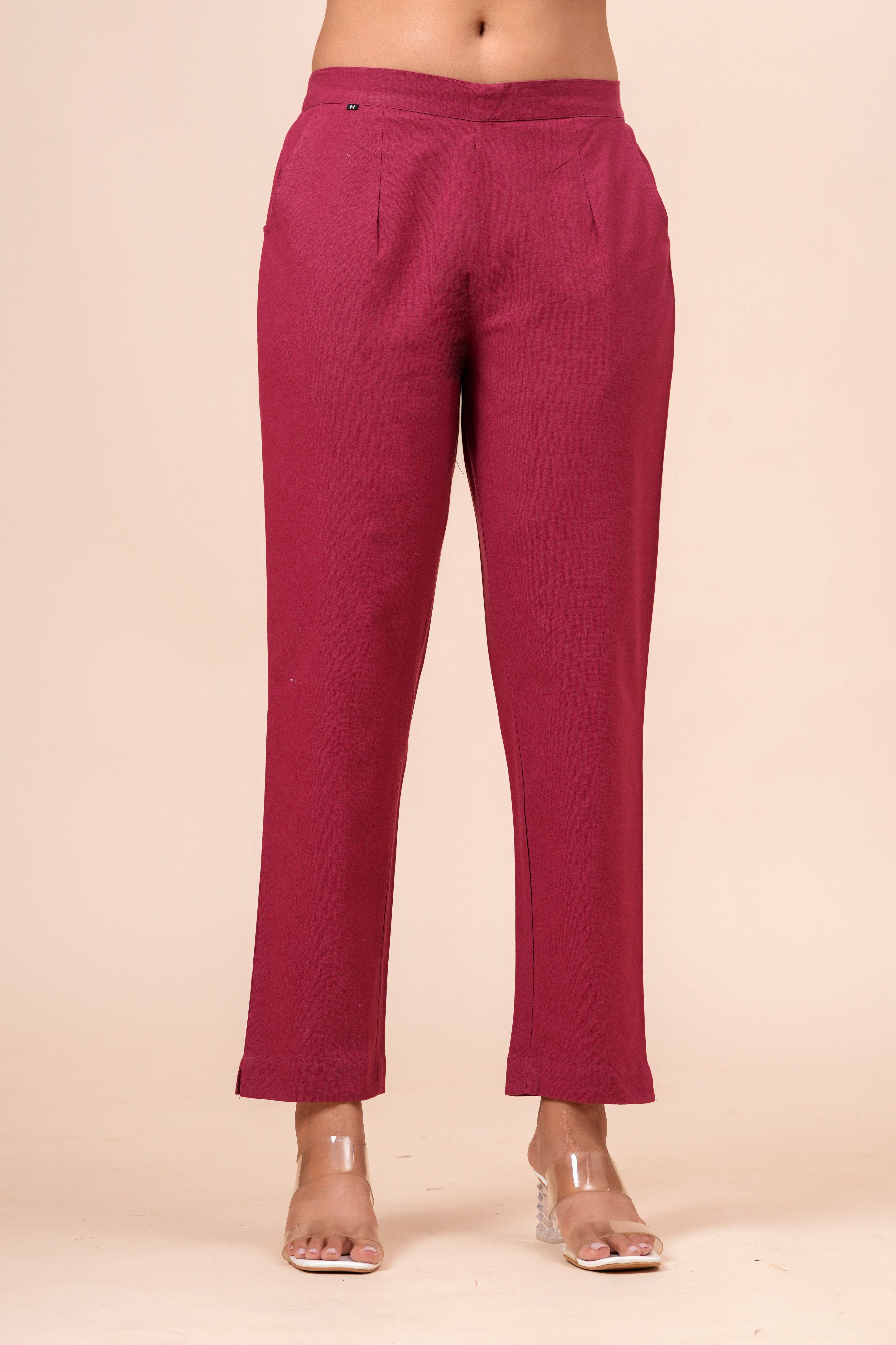Women’s Maroon Solid Cotton Trousers