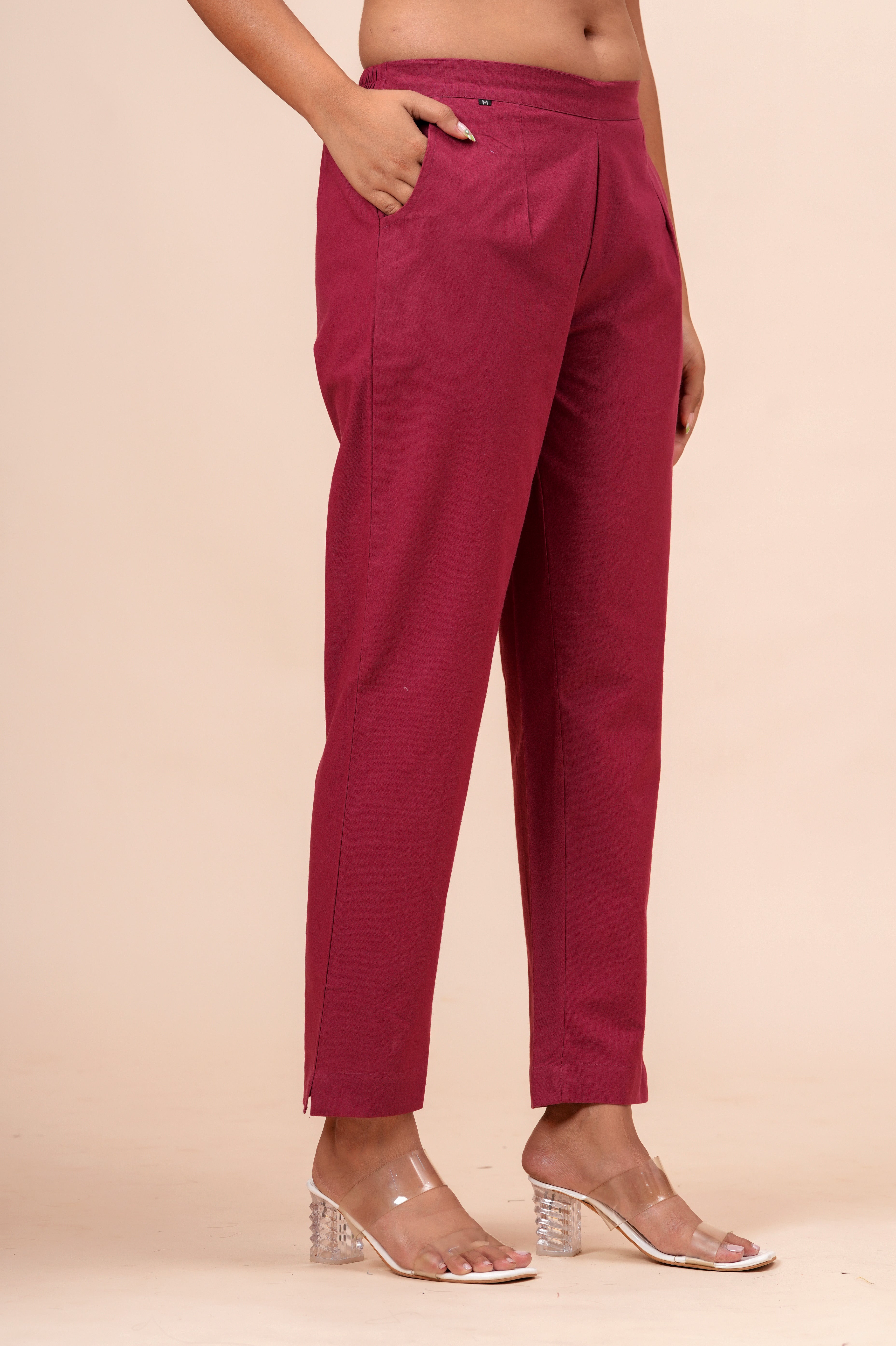 Women’s Maroon Solid Cotton Trousers