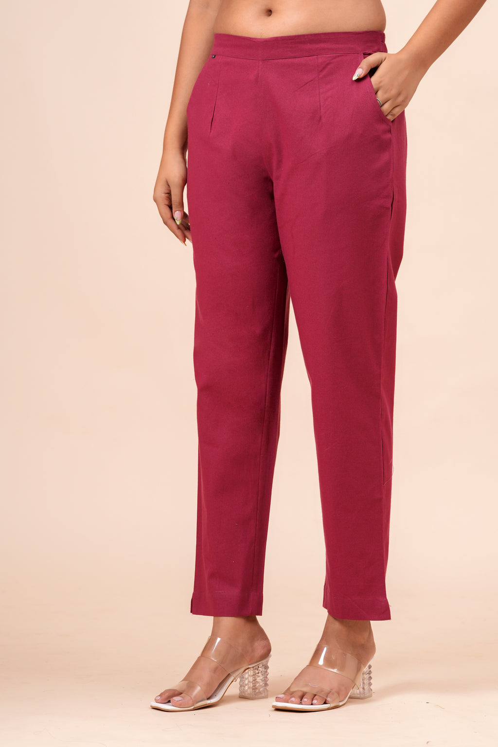 Women’s Maroon Solid Cotton Trousers