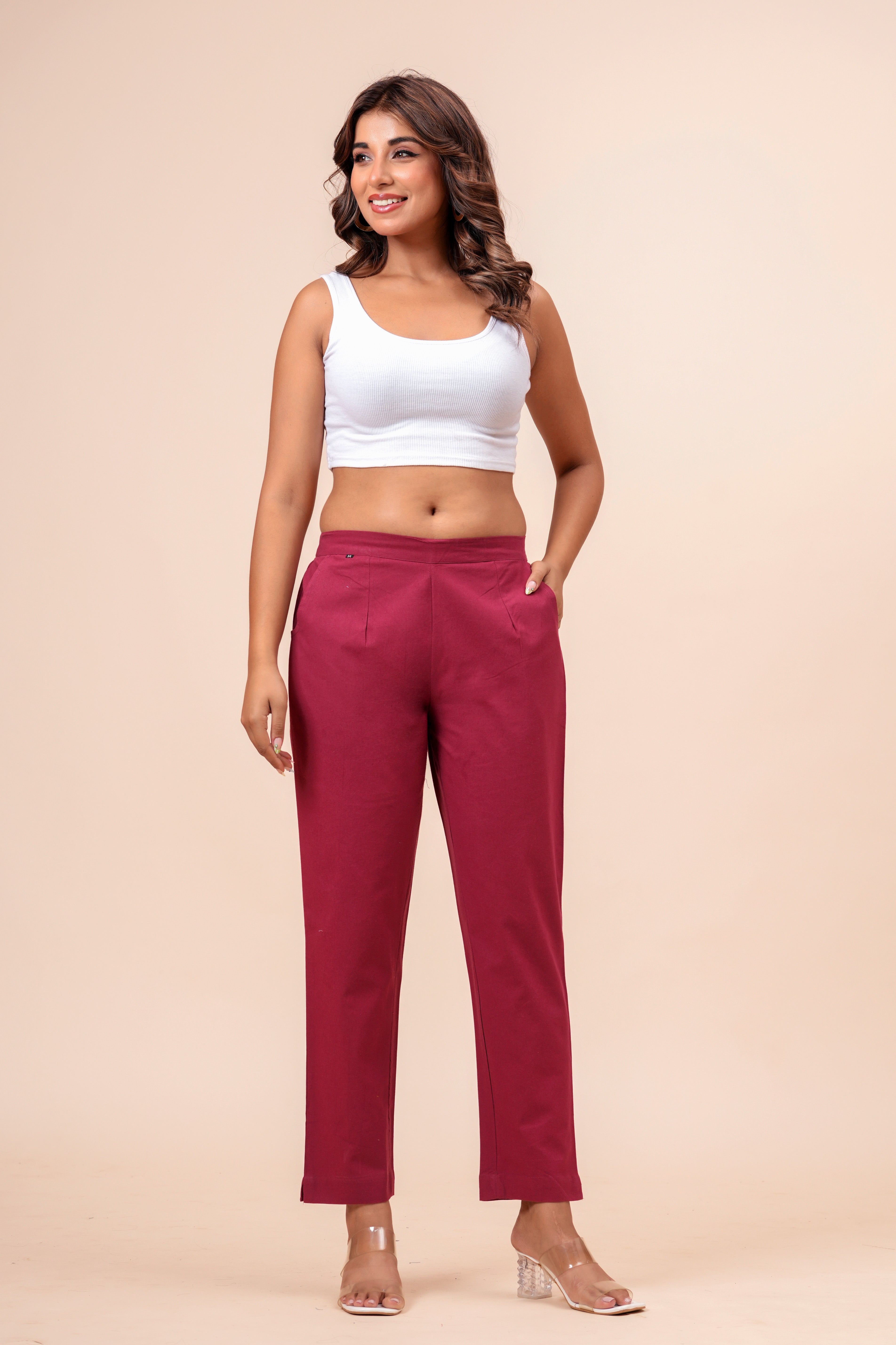 Women’s Maroon Solid Cotton Trousers