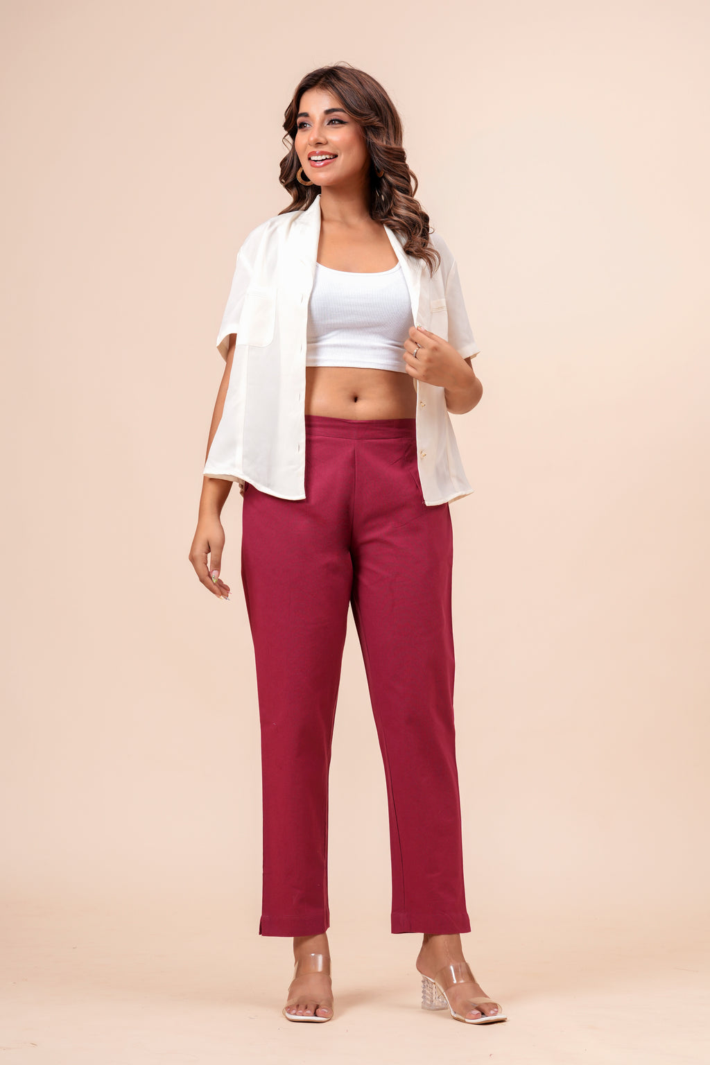Women’s Maroon Solid Cotton Trousers