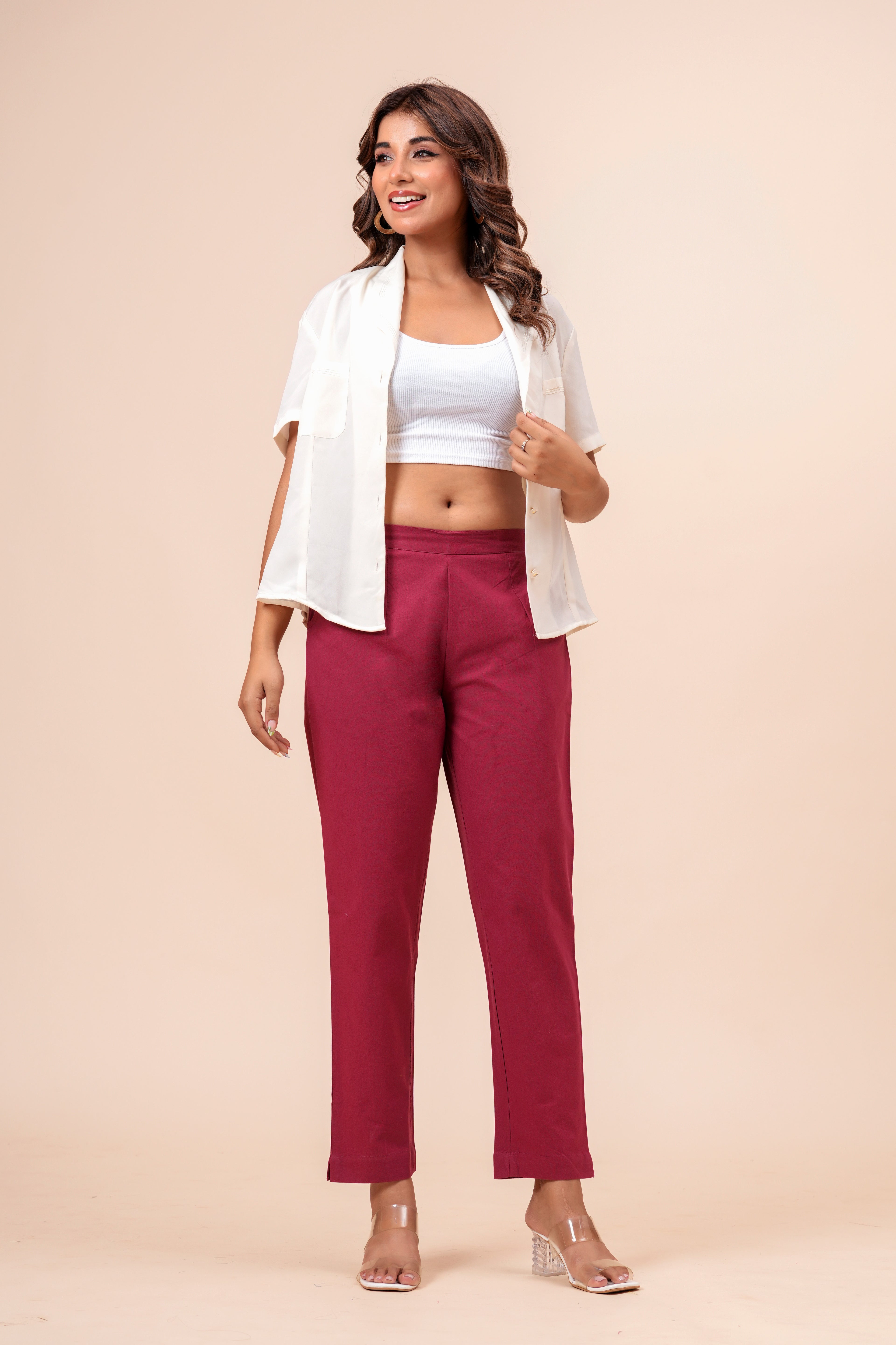 Women’s Maroon Solid Cotton Trousers