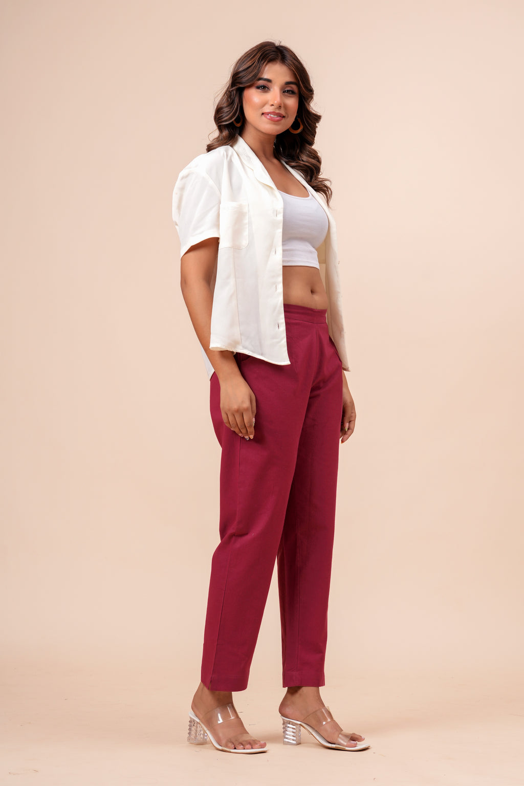 Women’s Maroon Solid Cotton Trousers
