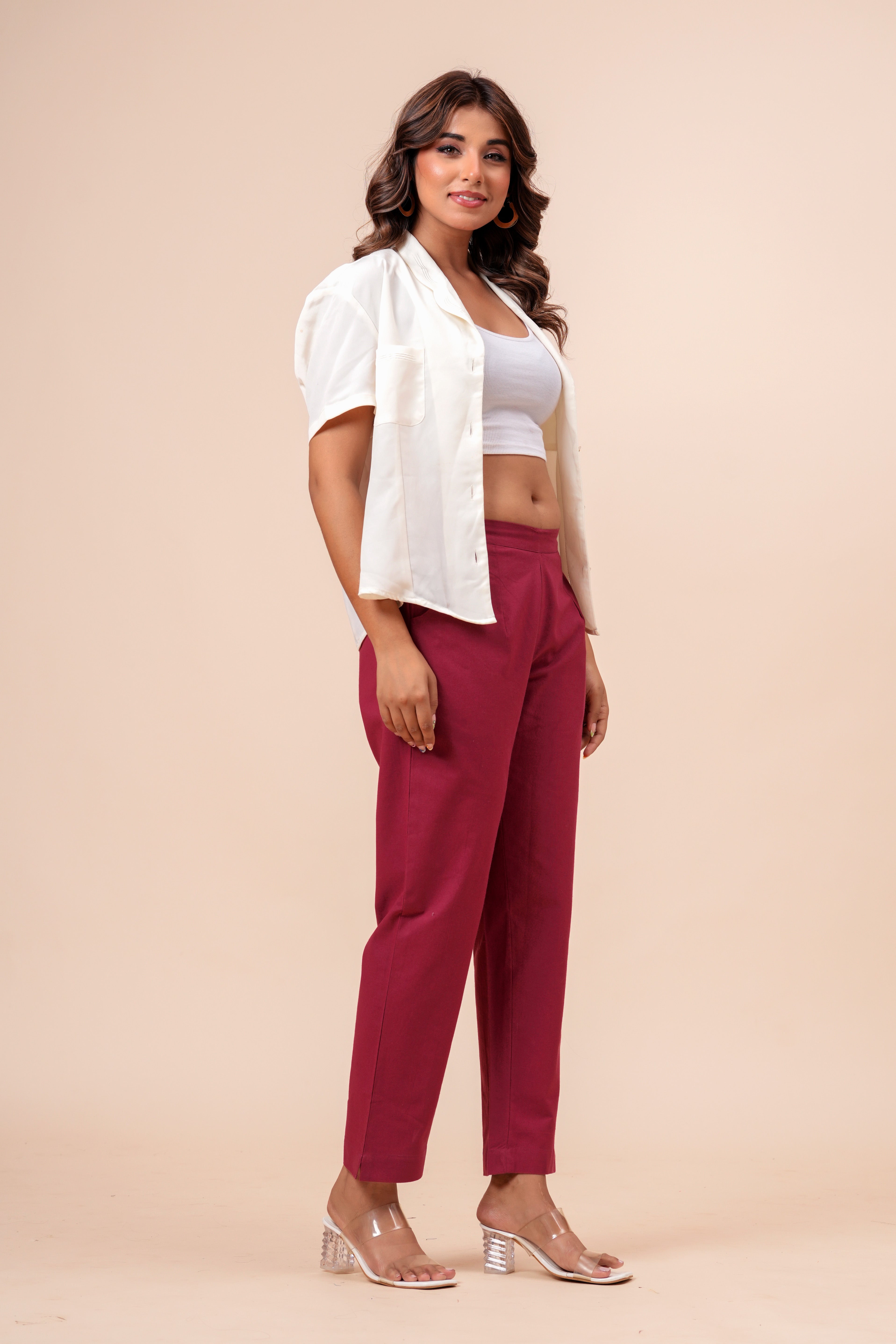 Women’s Maroon Solid Cotton Trousers