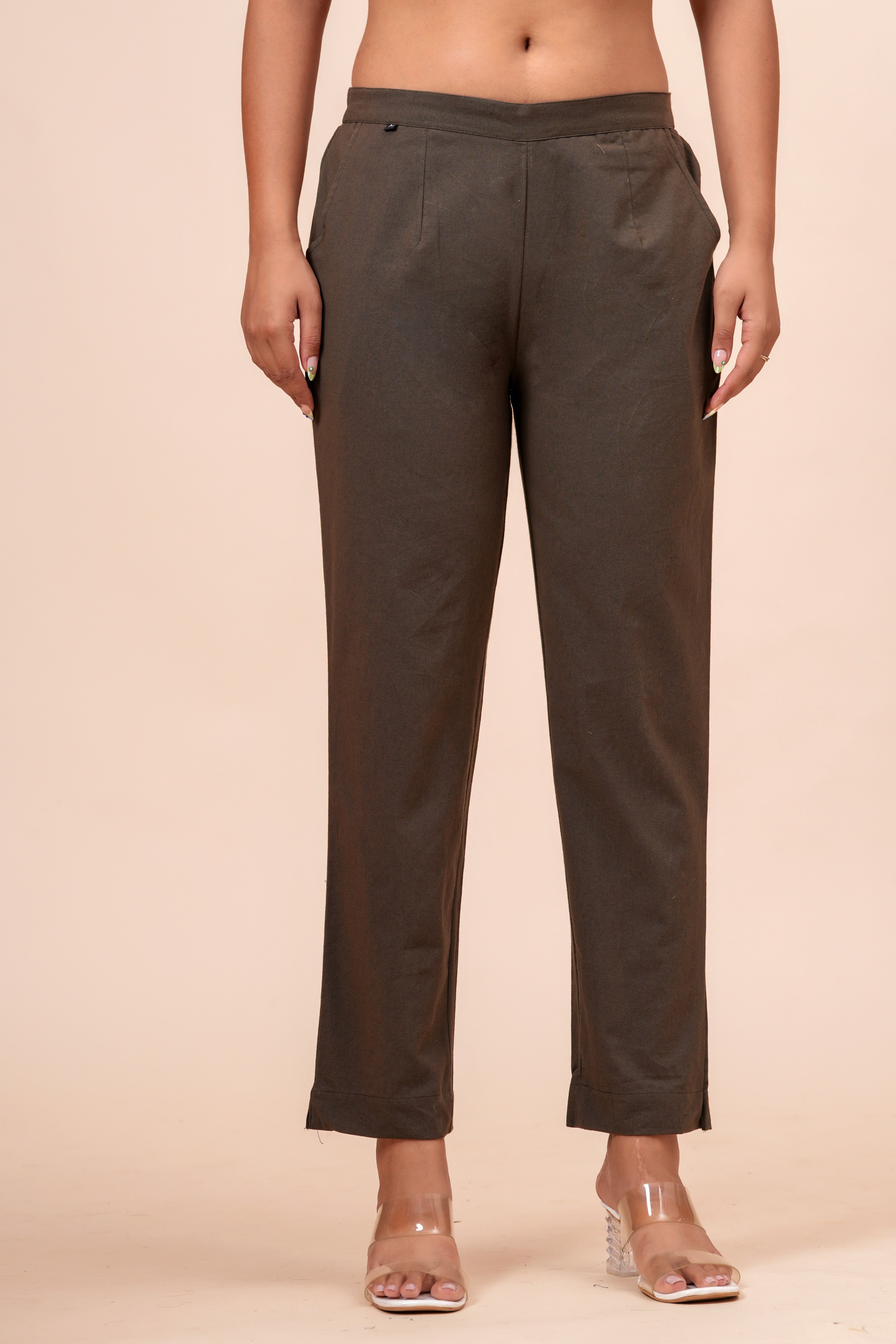 Women’s Dark Grey Solid Cotton Trousers