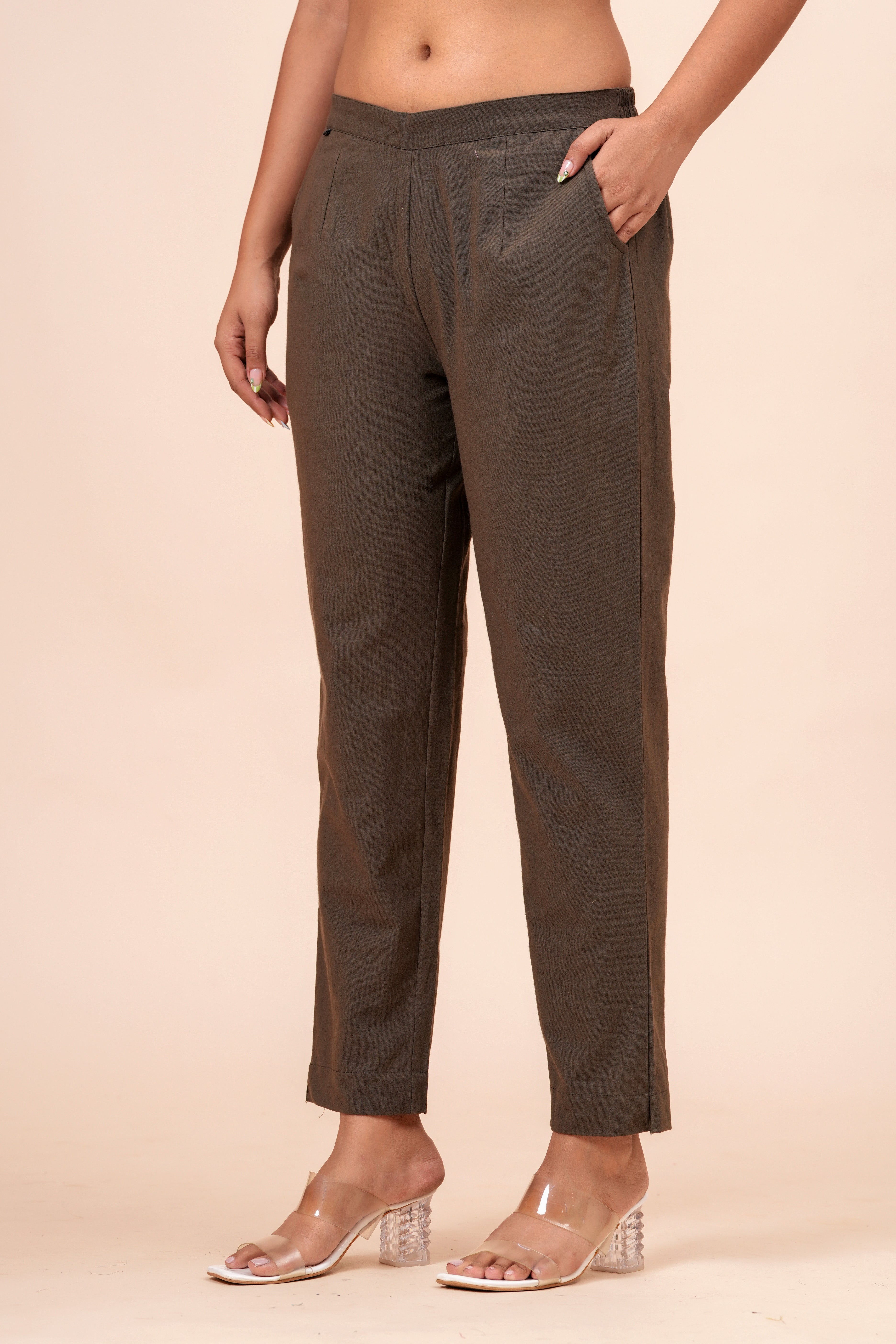 Women’s Dark Grey Solid Cotton Trousers