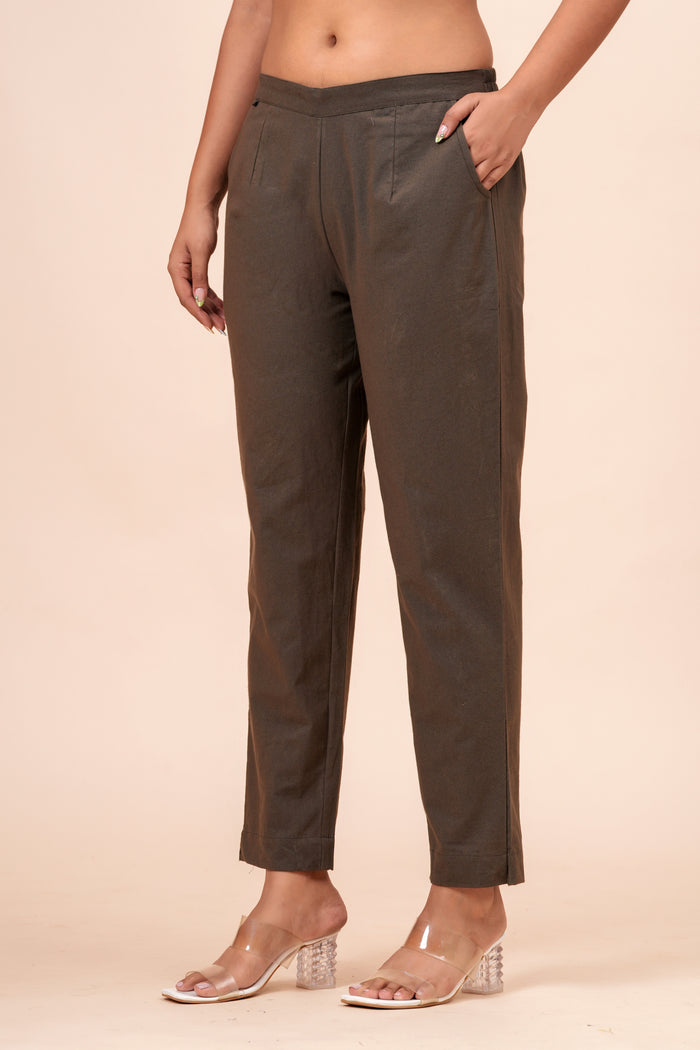 Women’s Dark Grey Solid Cotton Trousers