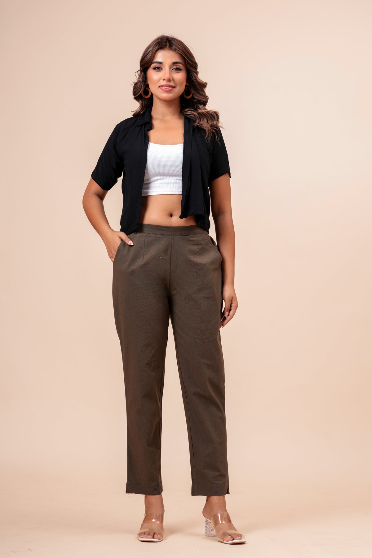 Women’s Dark Grey Solid Cotton Trousers