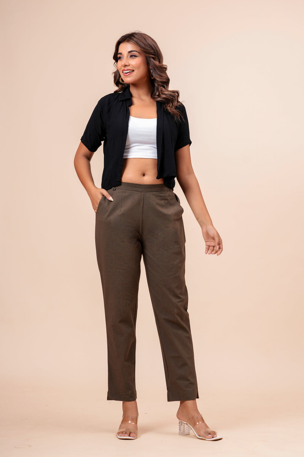 Women’s Dark Grey Solid Cotton Trousers