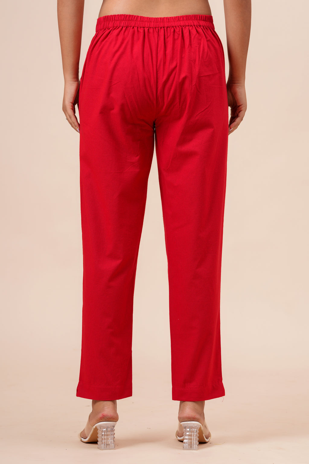 Women’s Red Solid Cotton Trousers