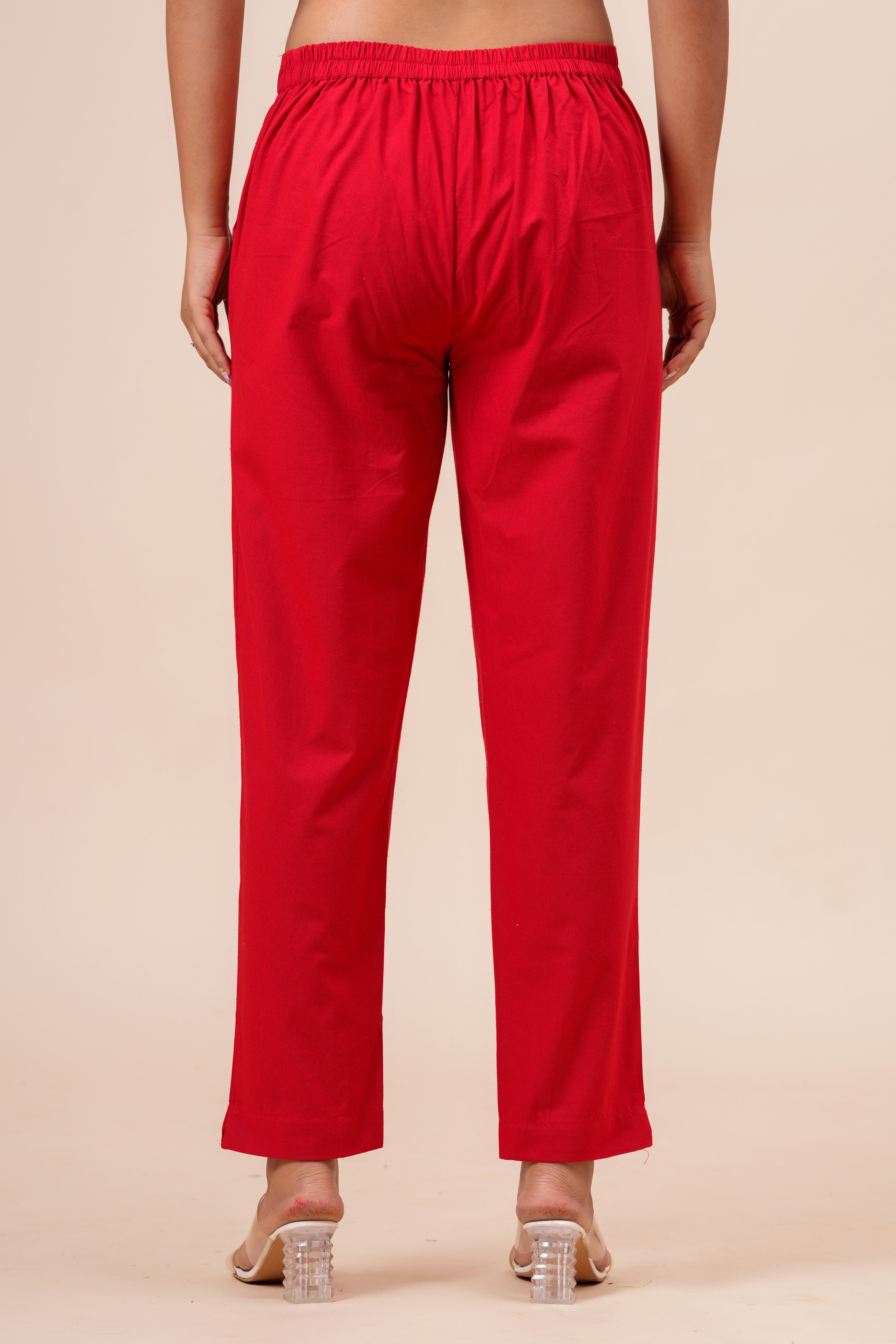 Women’s Red Solid Cotton Trousers