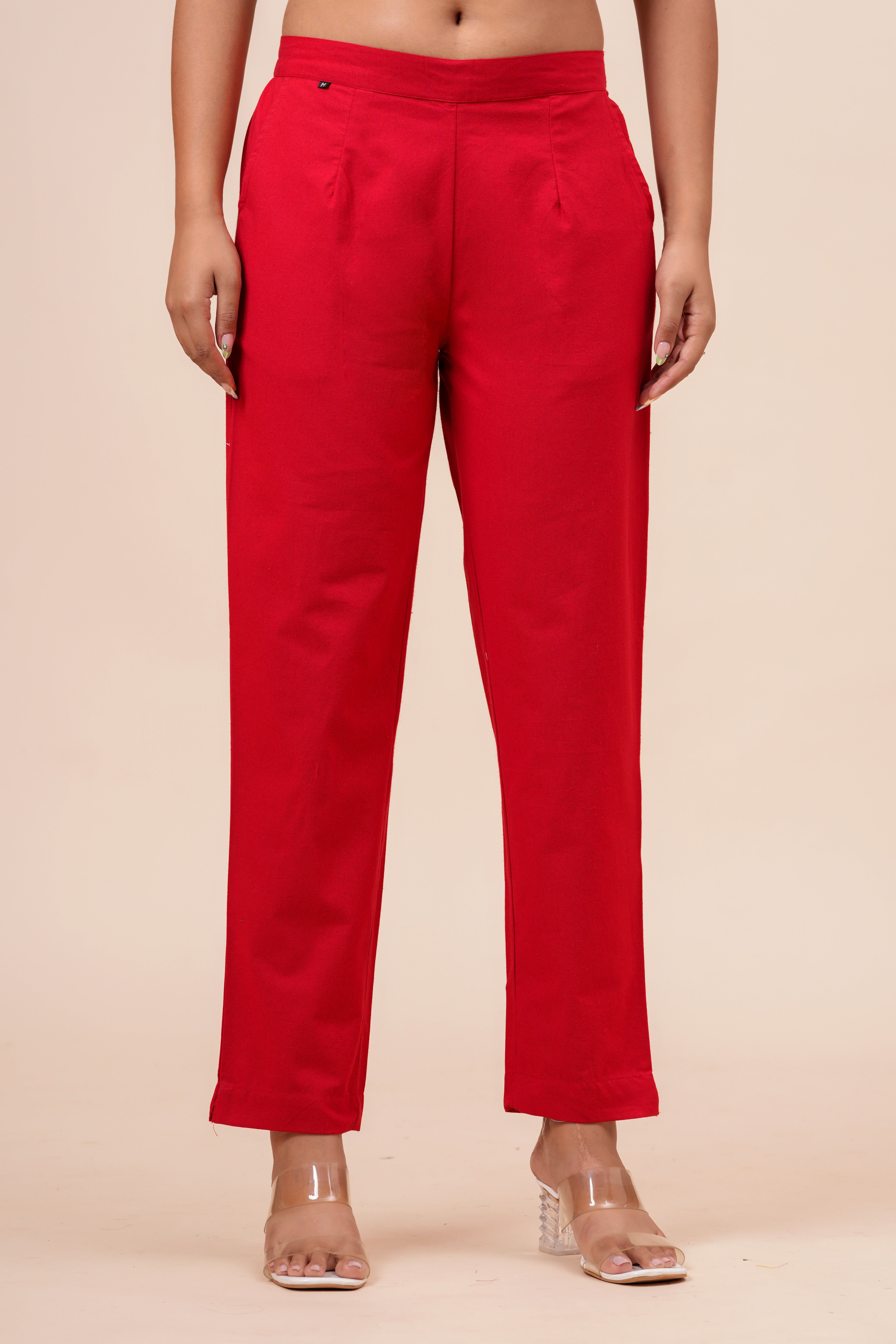 Women’s Red Solid Cotton Trousers