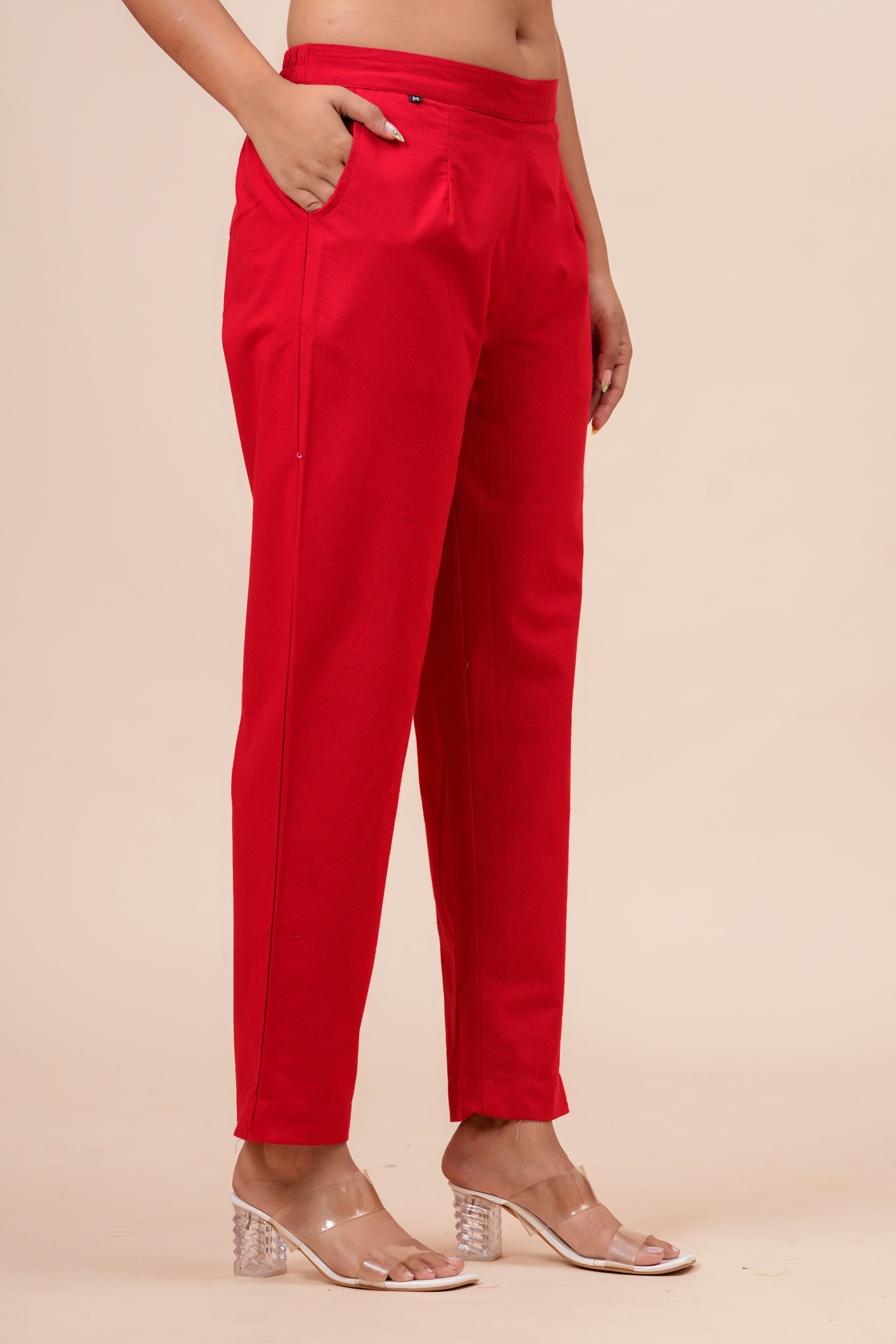 Women’s Red Solid Cotton Trousers