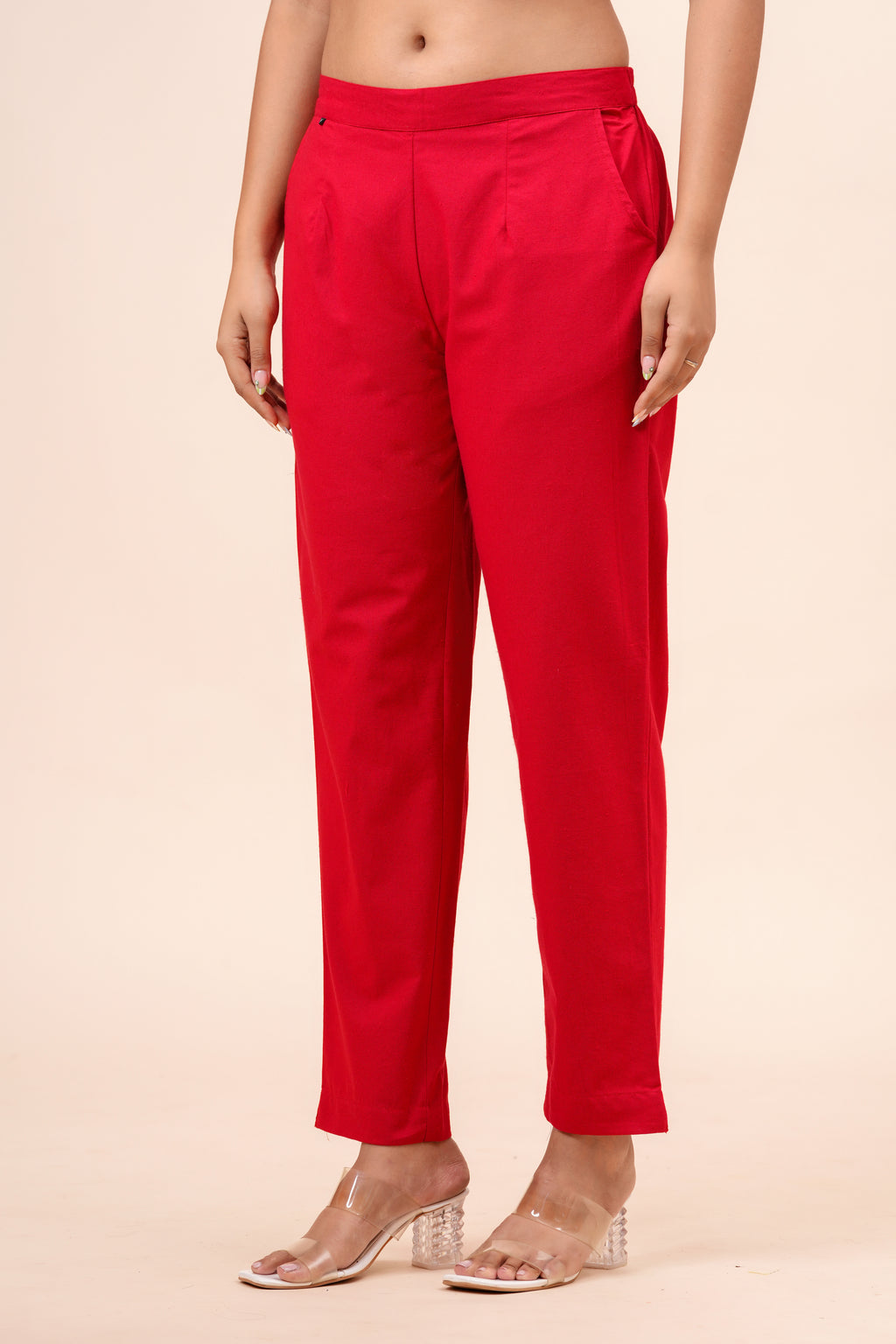 Women’s Red Solid Cotton Trousers