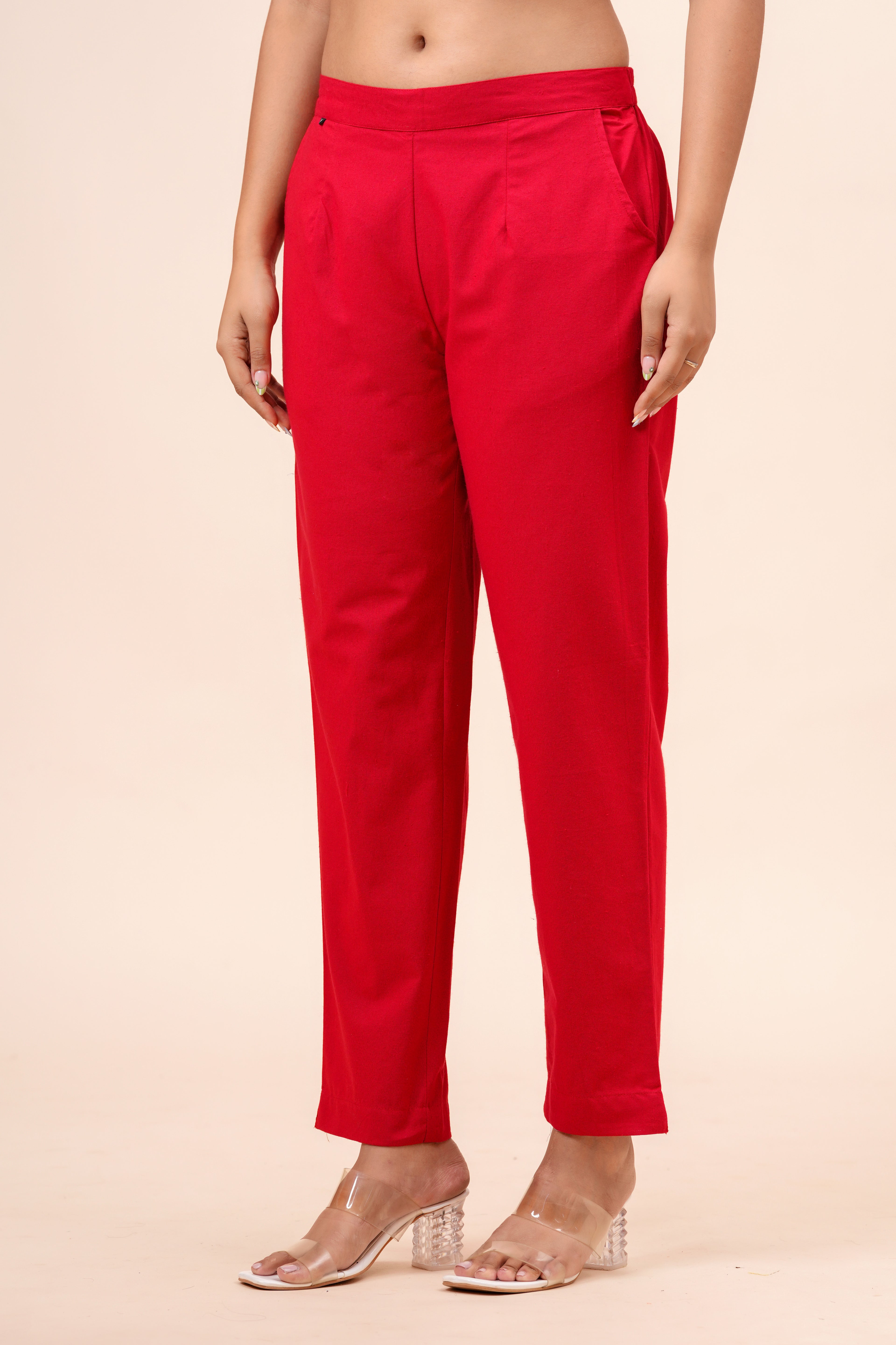 Women’s Red Solid Cotton Trousers