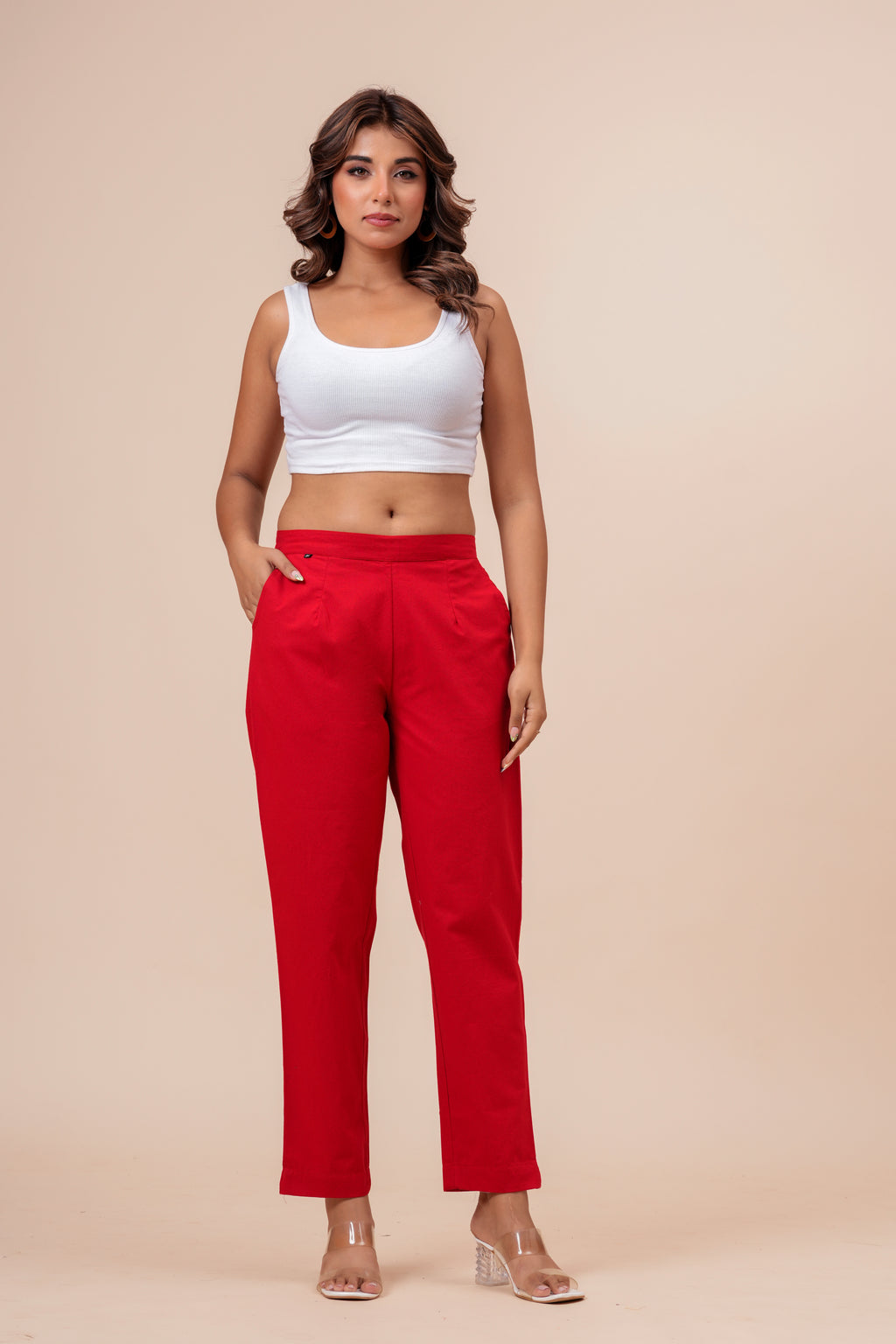 Women’s Red Solid Cotton Trousers