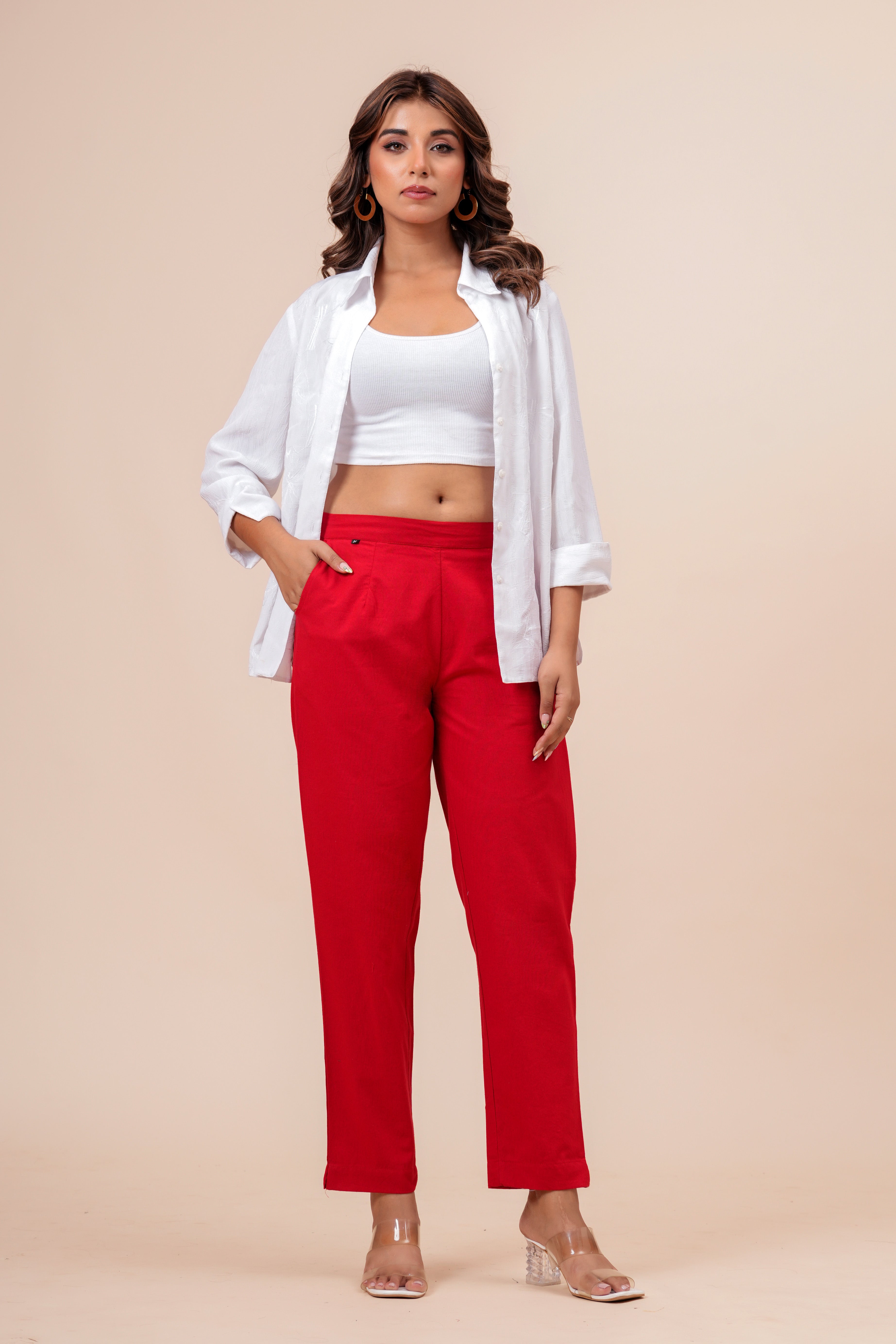 Women’s Red Solid Cotton Trousers