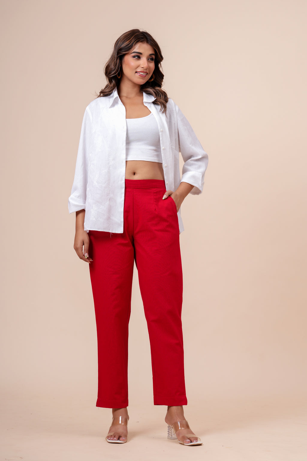 Women’s Red Solid Cotton Trousers