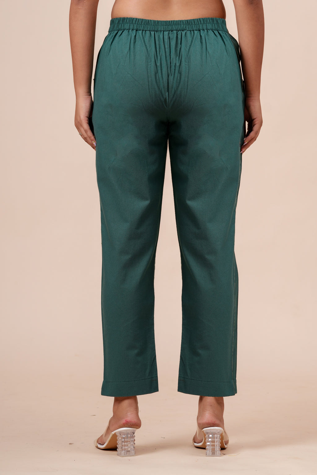 Women’s Dark Green Solid Cotton Trousers