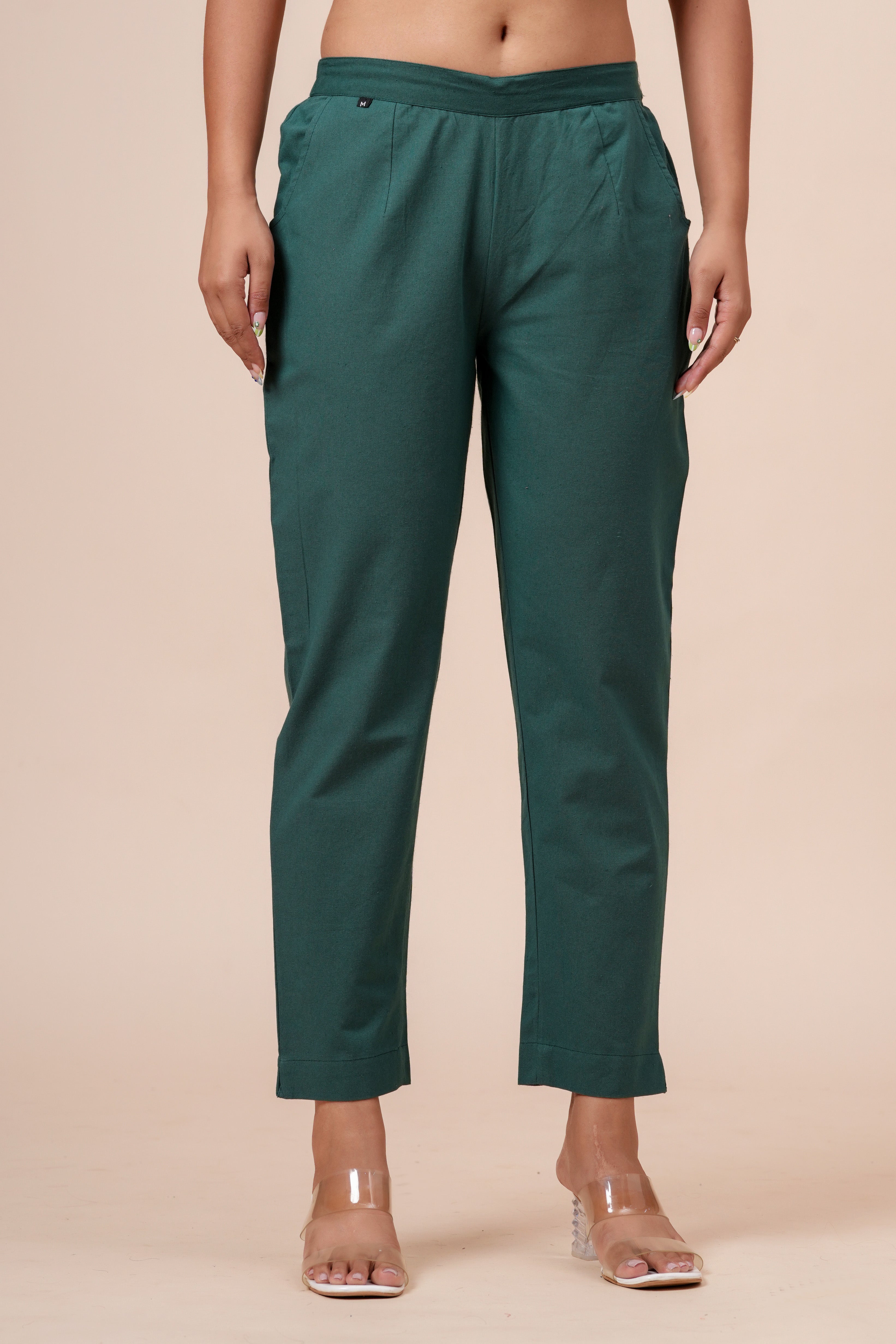 Women’s Dark Green Solid Cotton Trousers