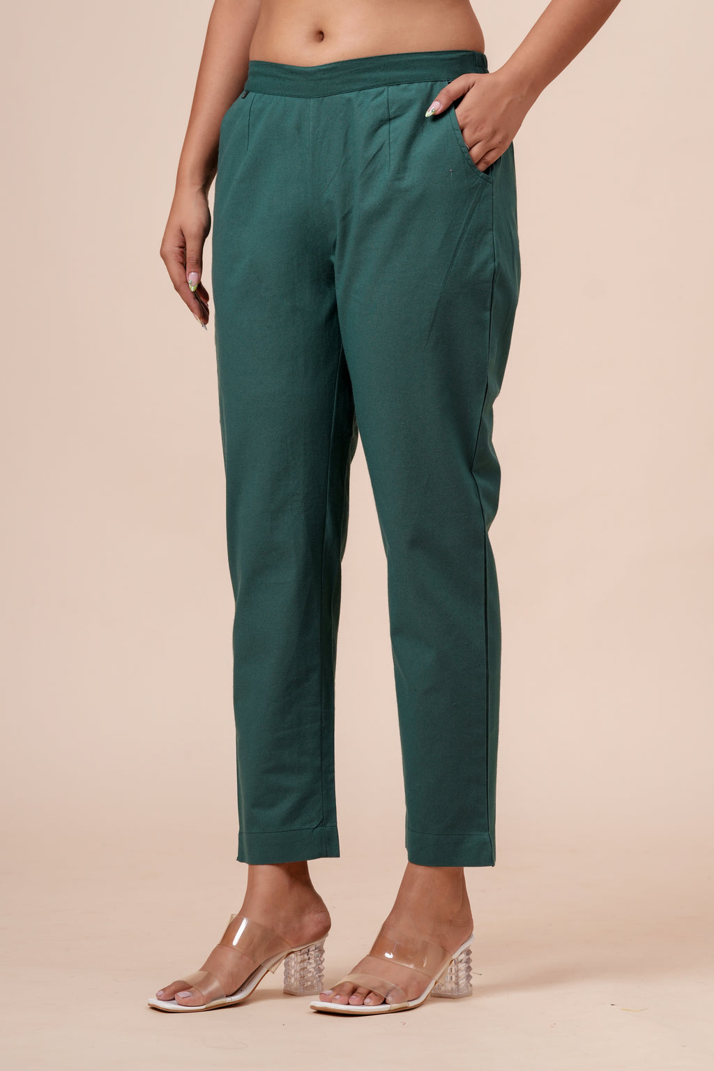 Women’s Dark Green Solid Cotton Trousers