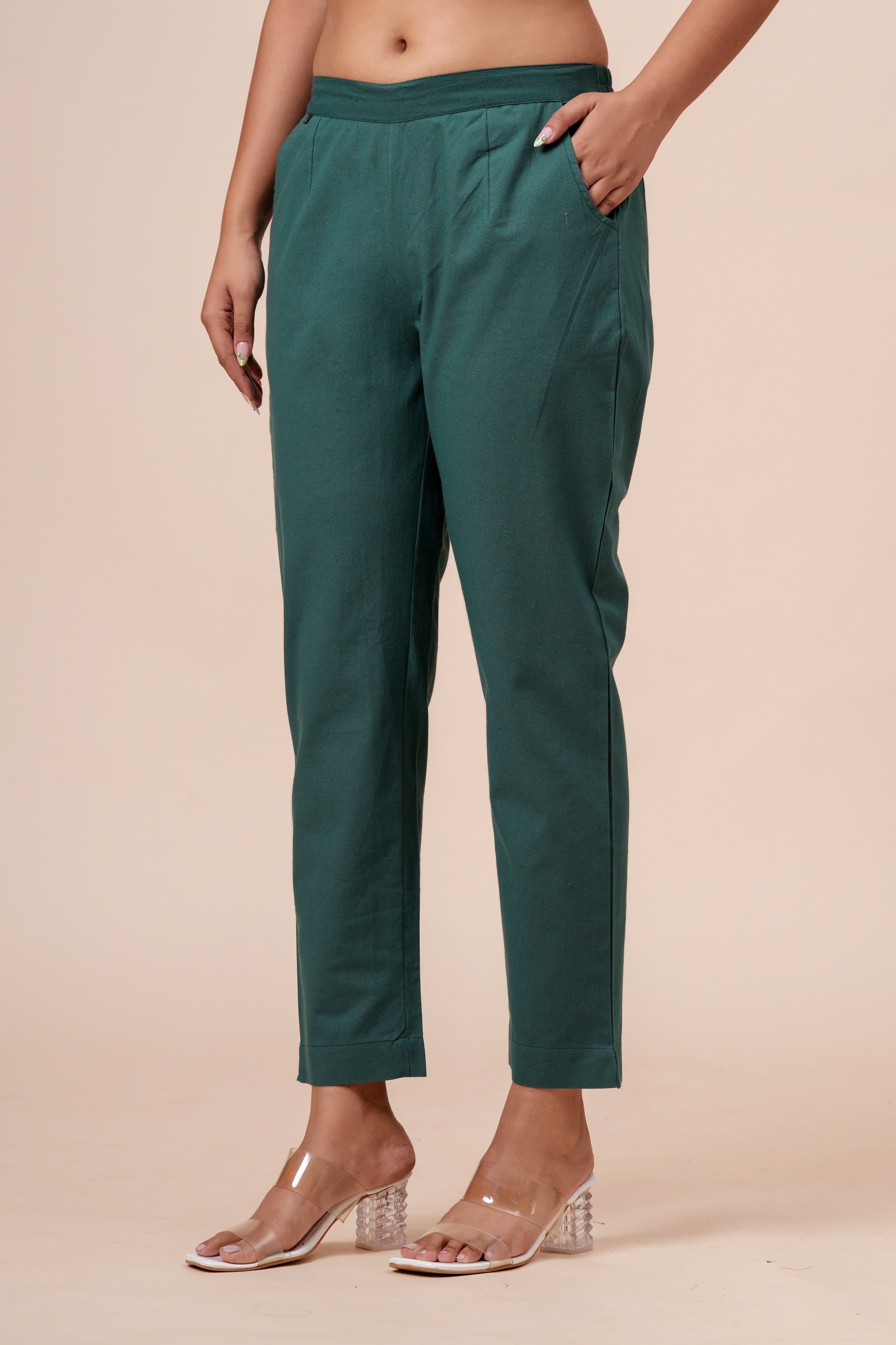 Women’s Dark Green Solid Cotton Trousers
