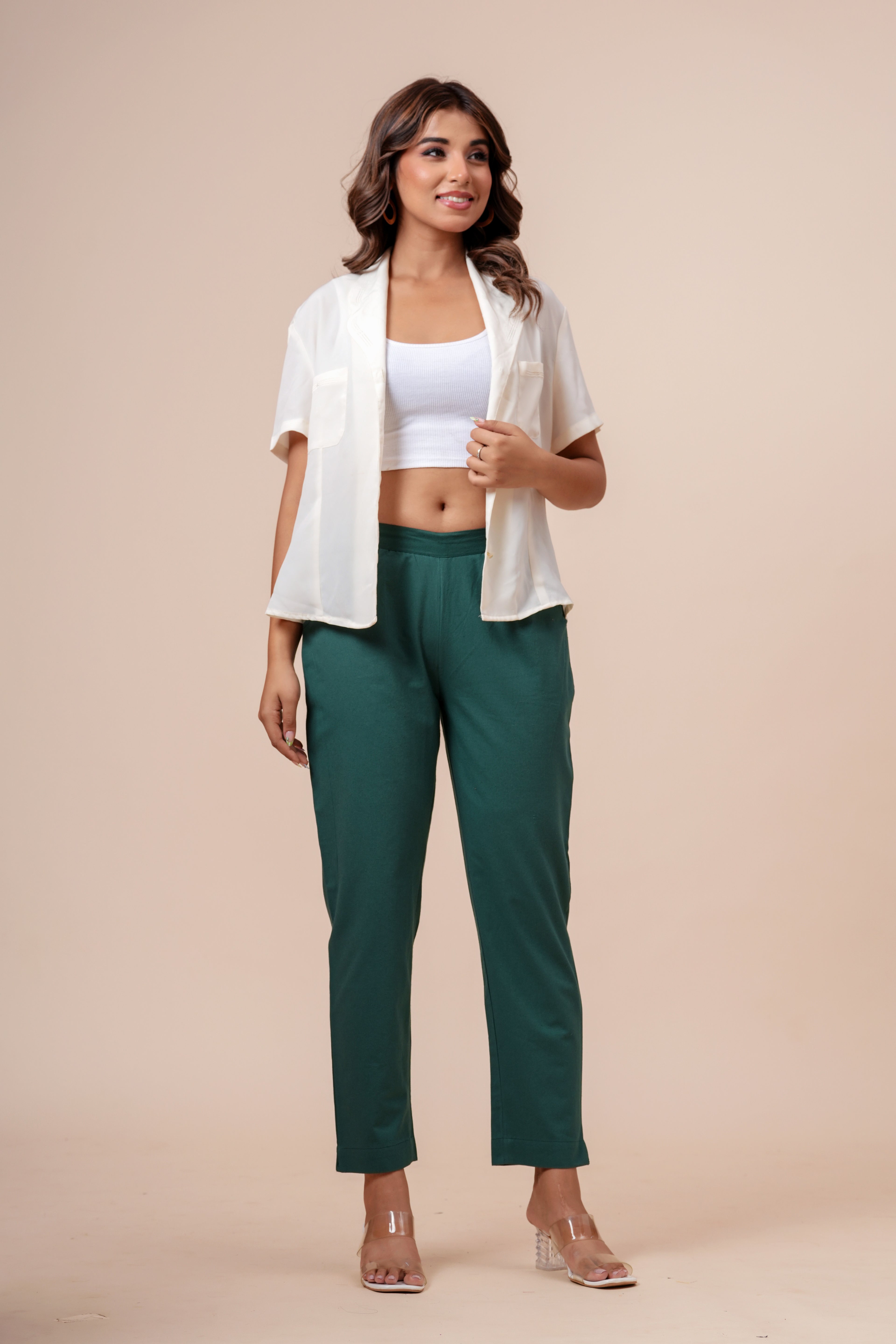 Women’s Dark Green Solid Cotton Trousers
